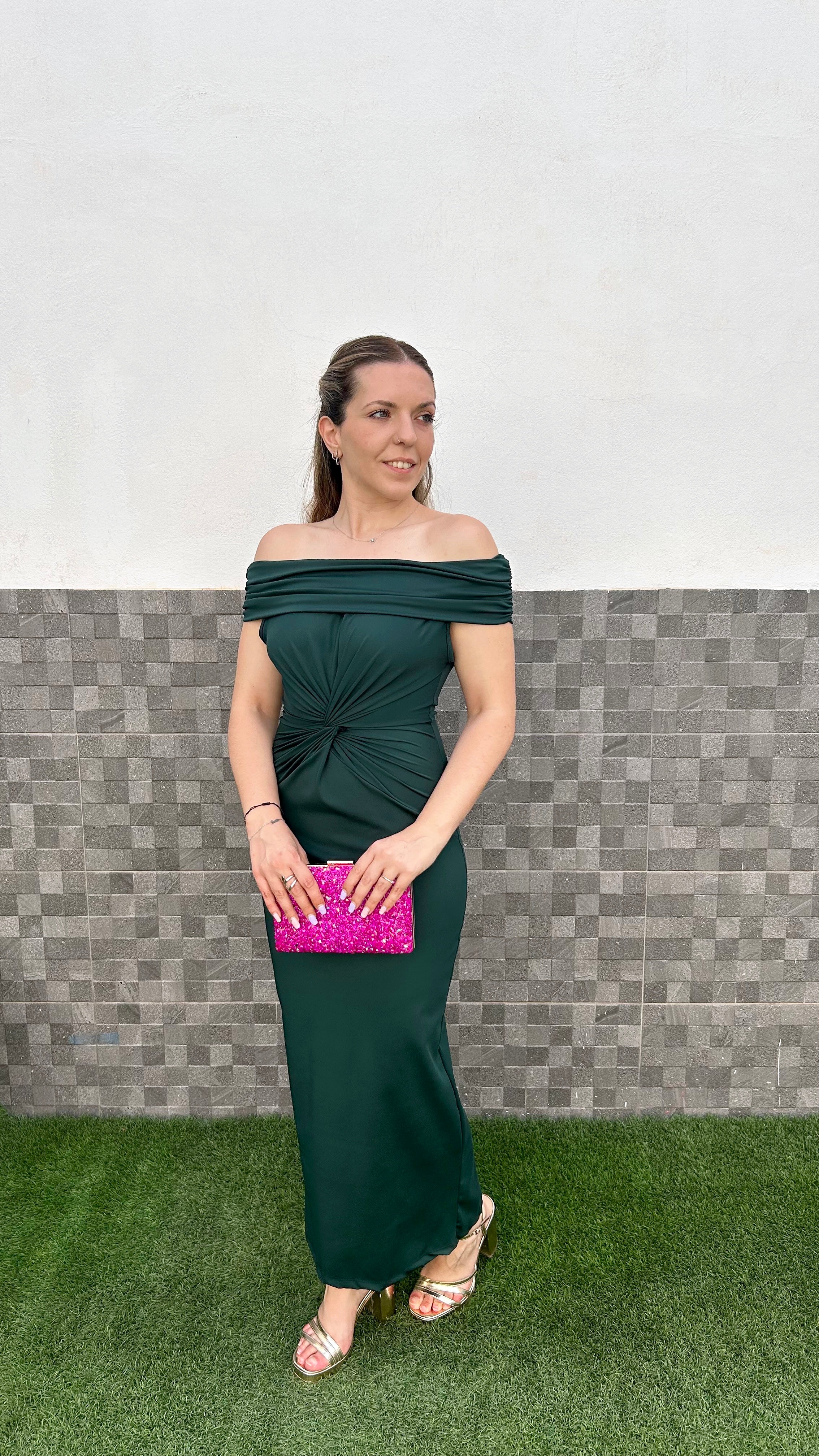 Vestido midi nudo bardot botella