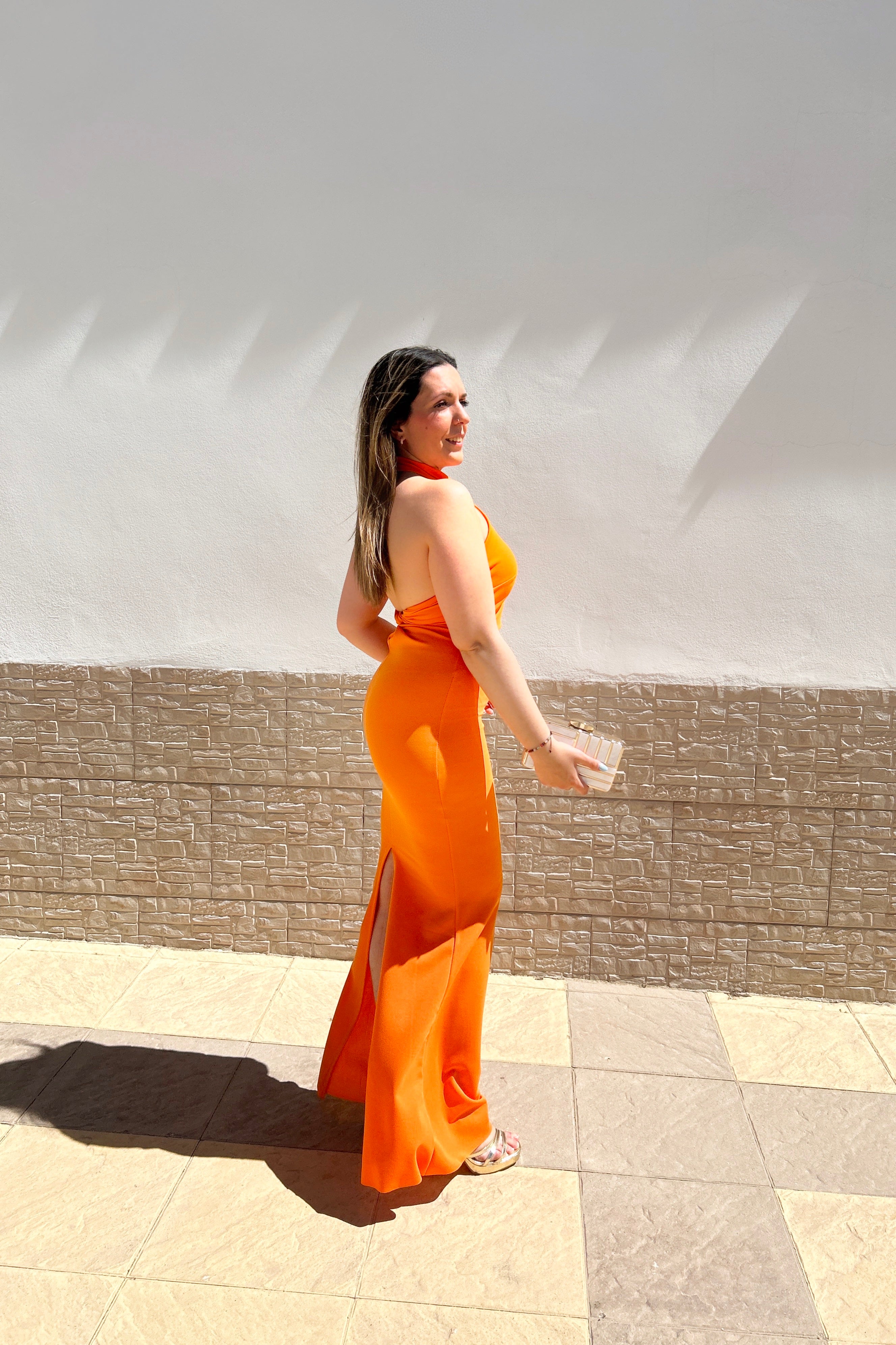 Vestido halter espalda nudo naranja