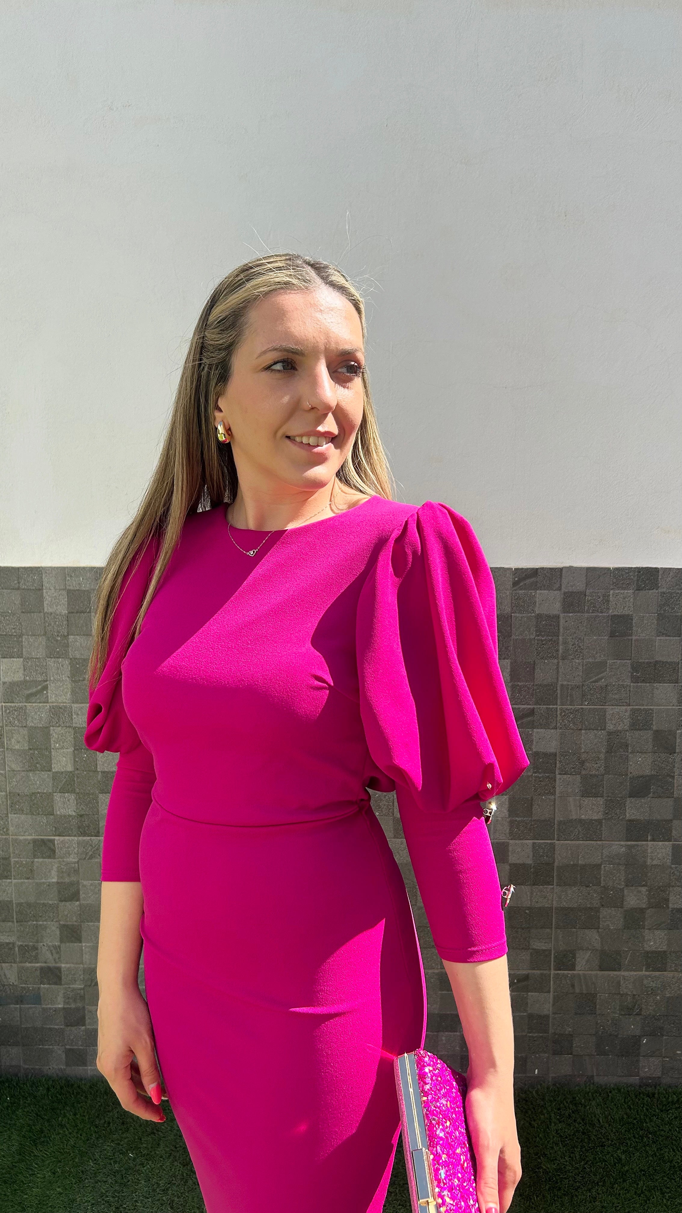 Vestido midi manga farol boton amarena