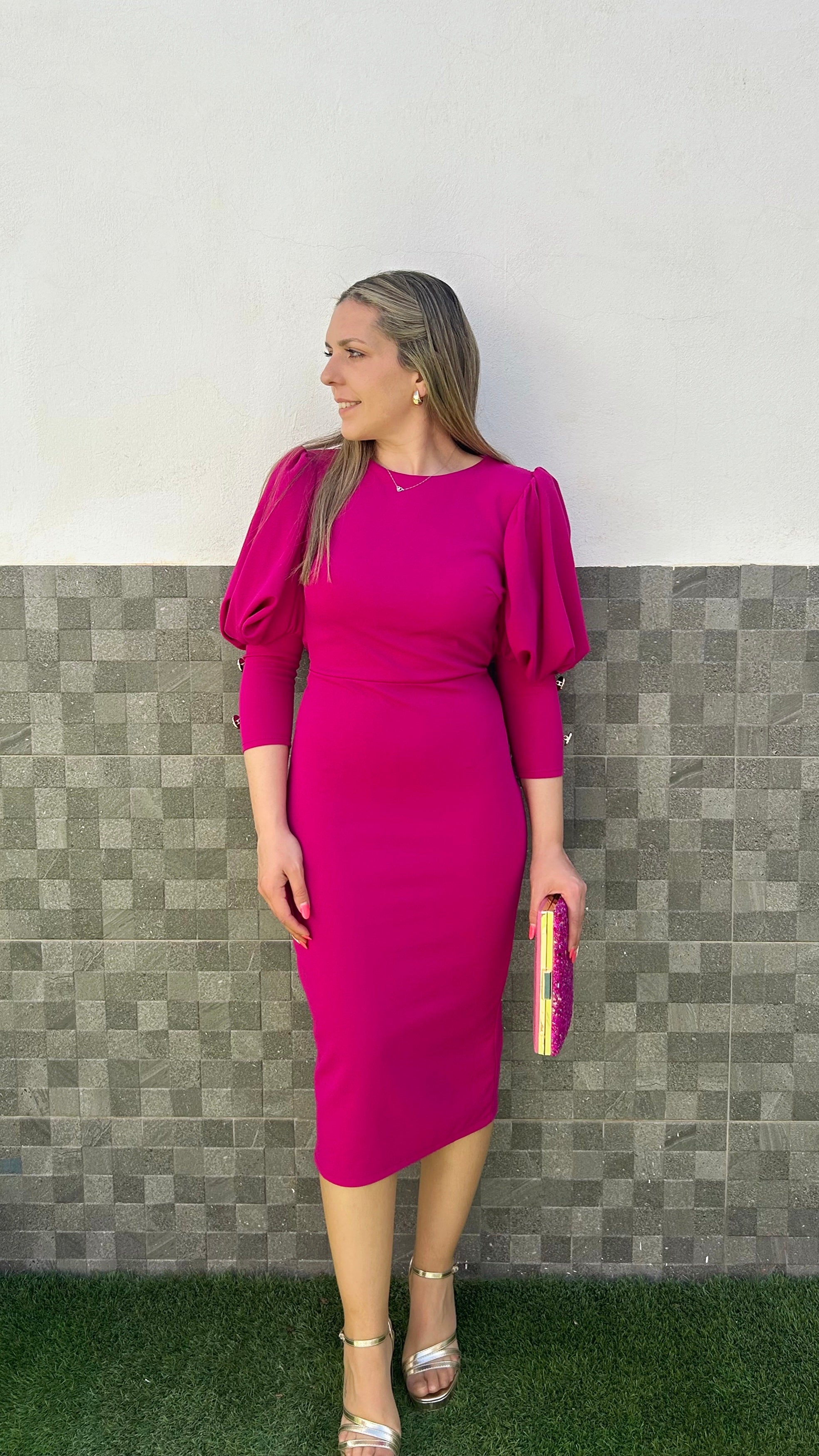 Vestido midi manga farol boton amarena