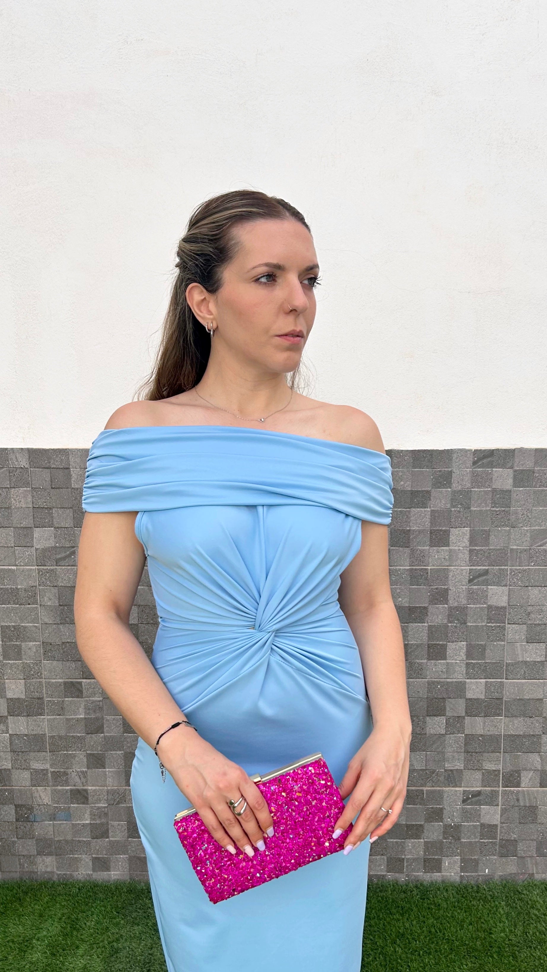 Abito midi azzurro con nodo bardot