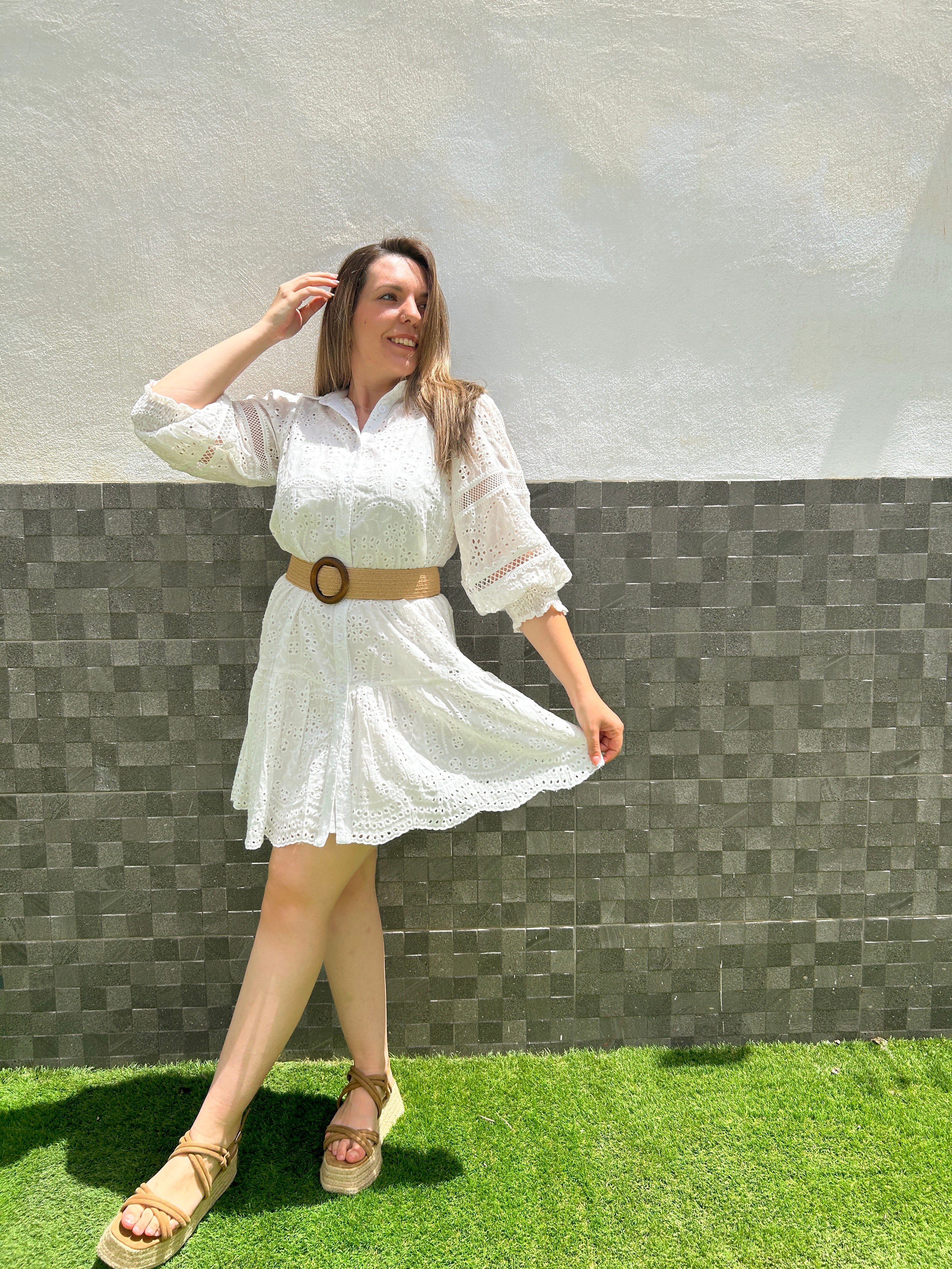 White mini openwork shirt dress