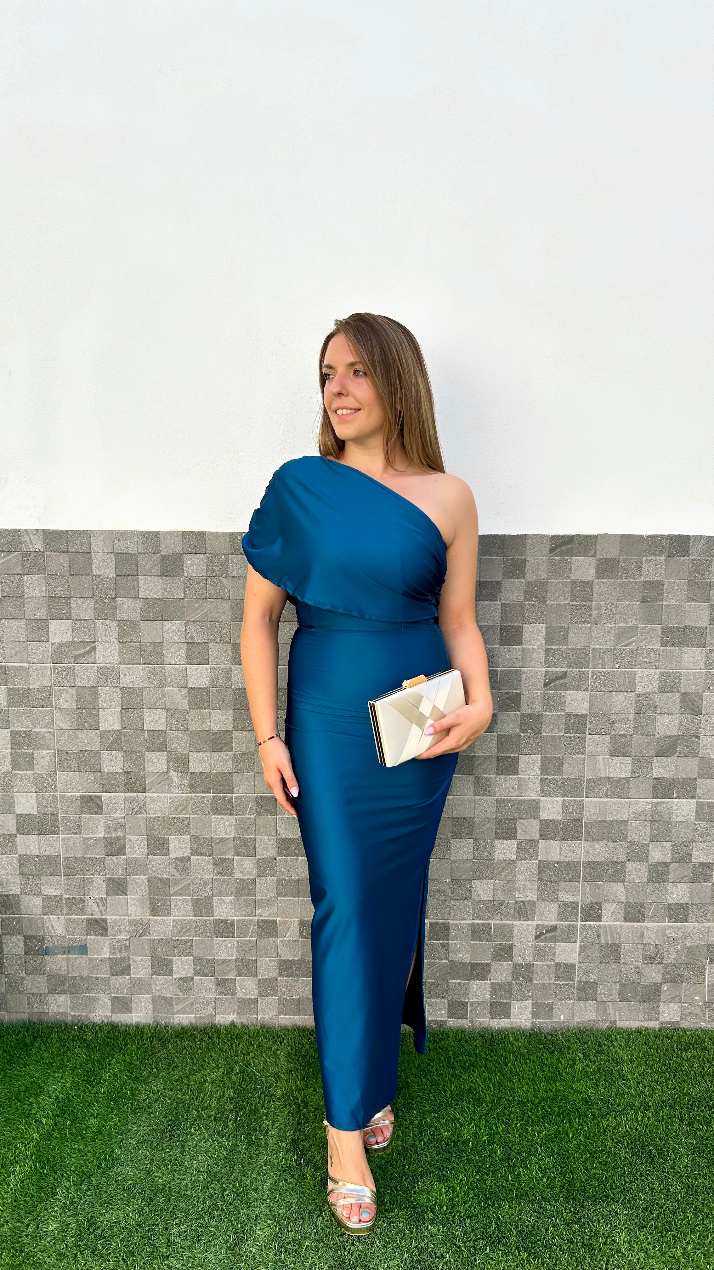 Abito midi con fascia asimmetrica color petrolio