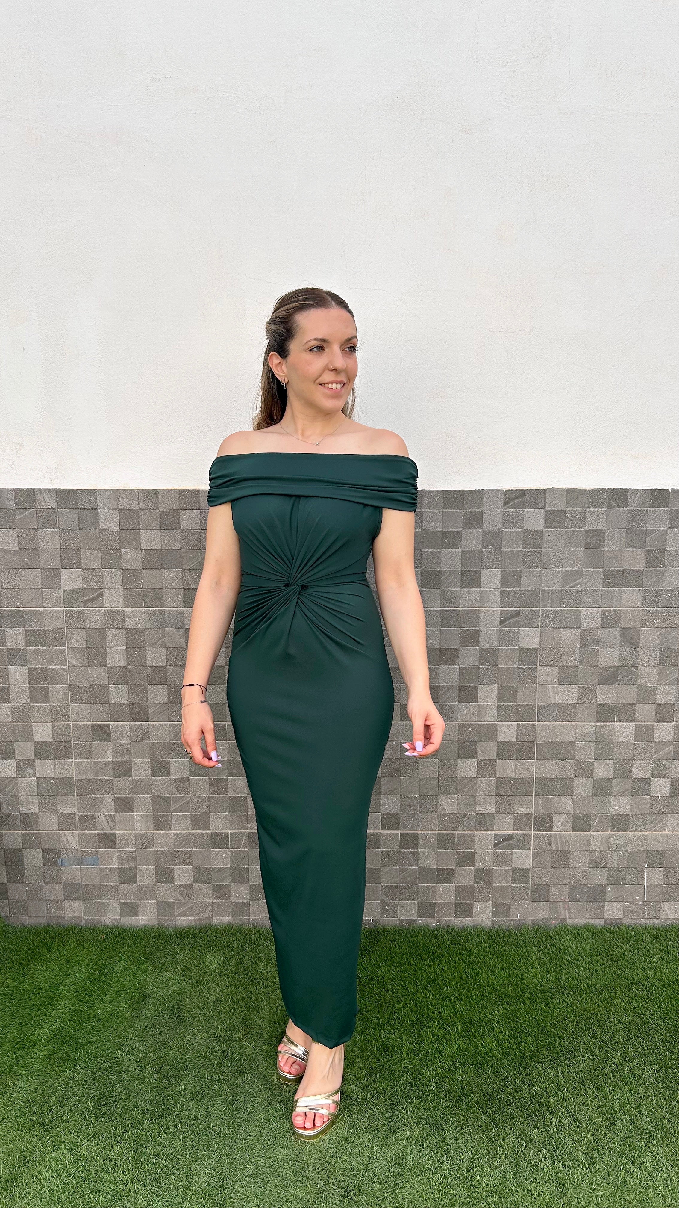 Vestido midi nudo bardot botella