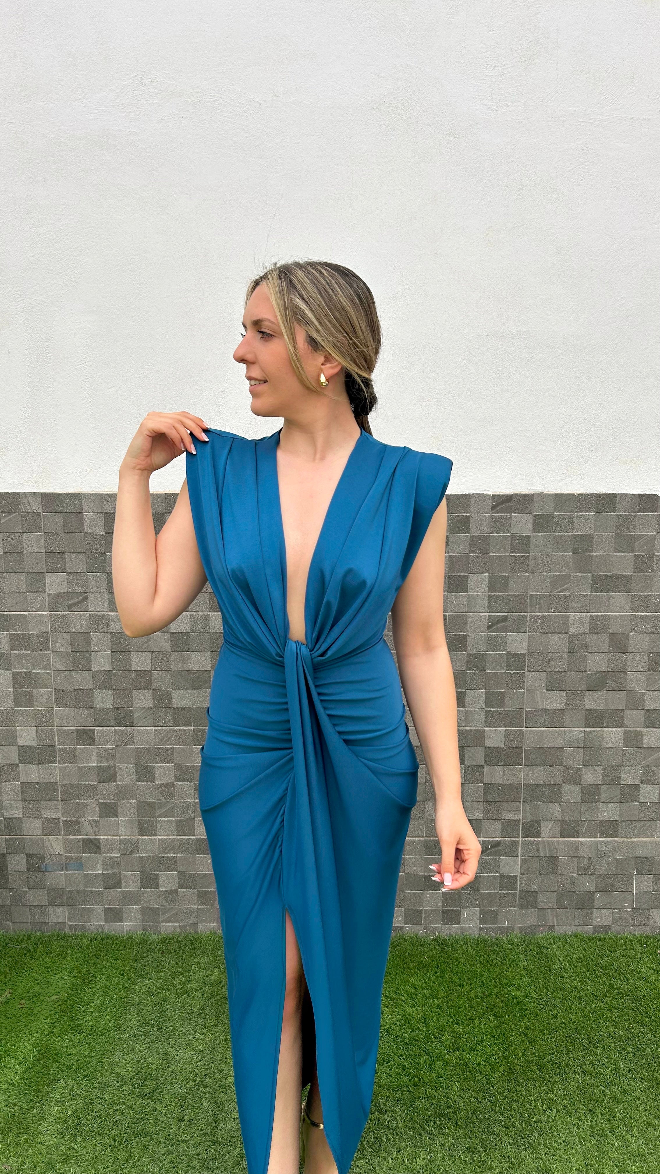 Vestido hombreras escote nudo petróleo