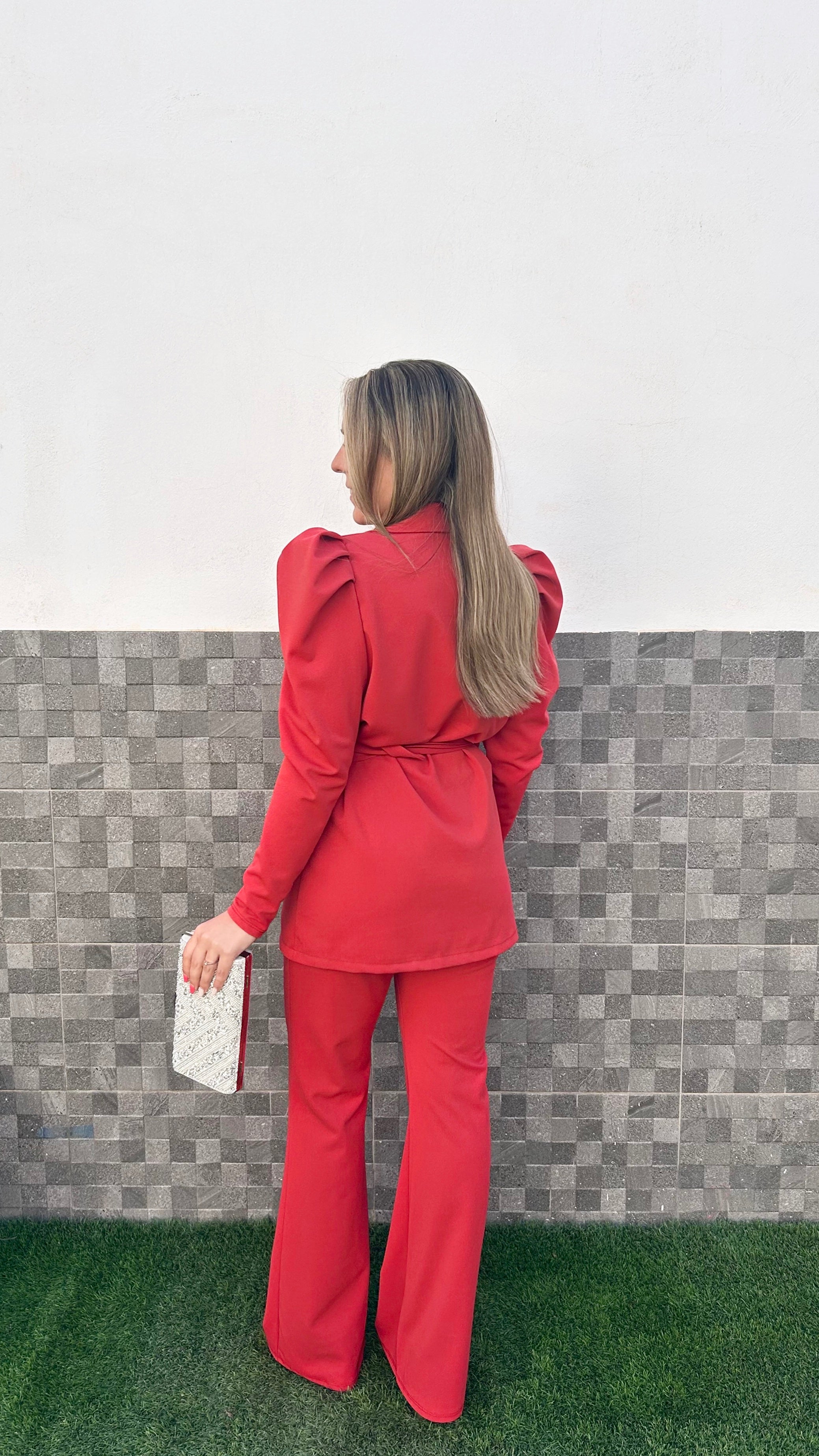 Conjunto blazer cinturón teja