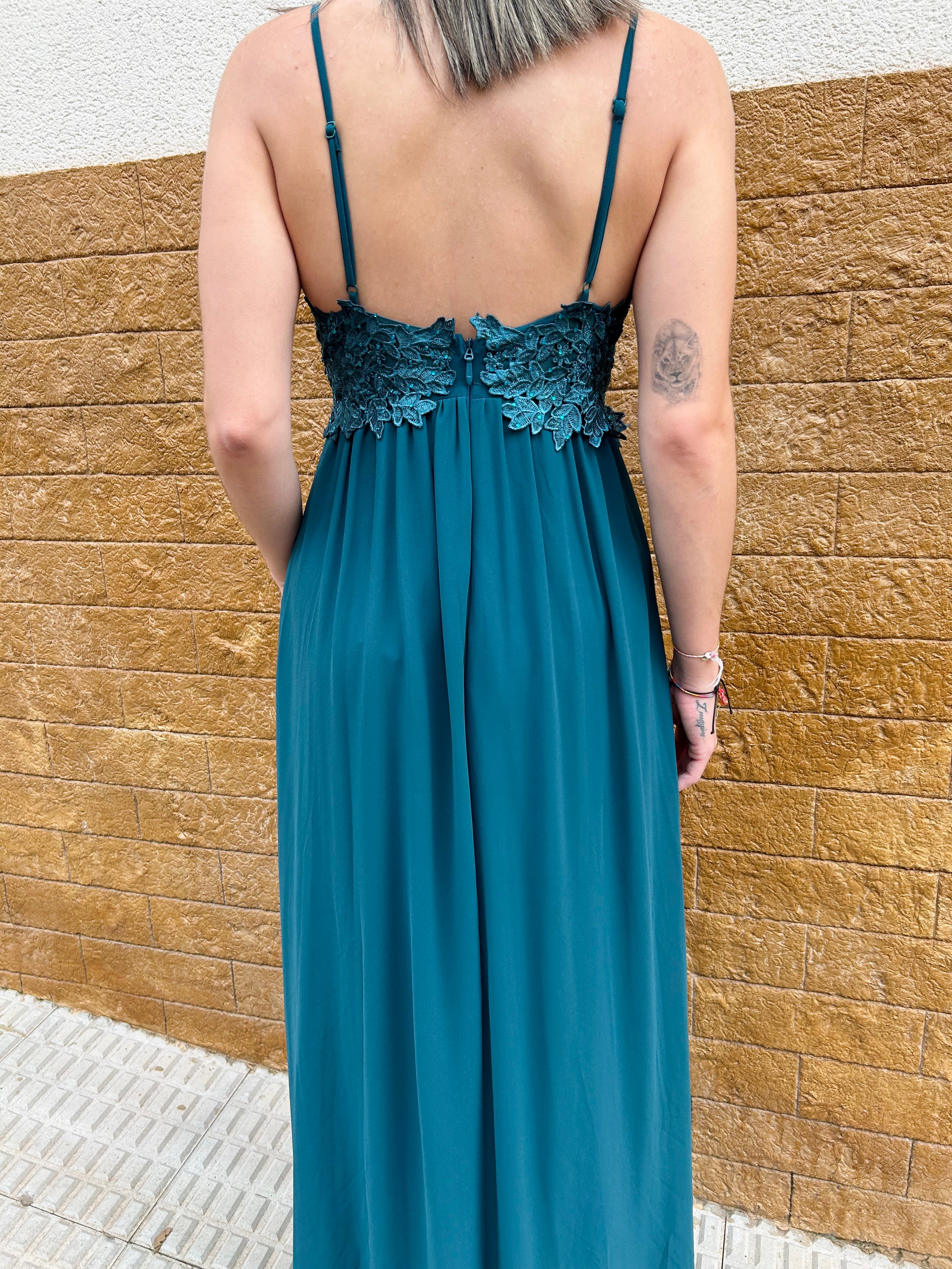 Abito con scollo con perline color petrolio