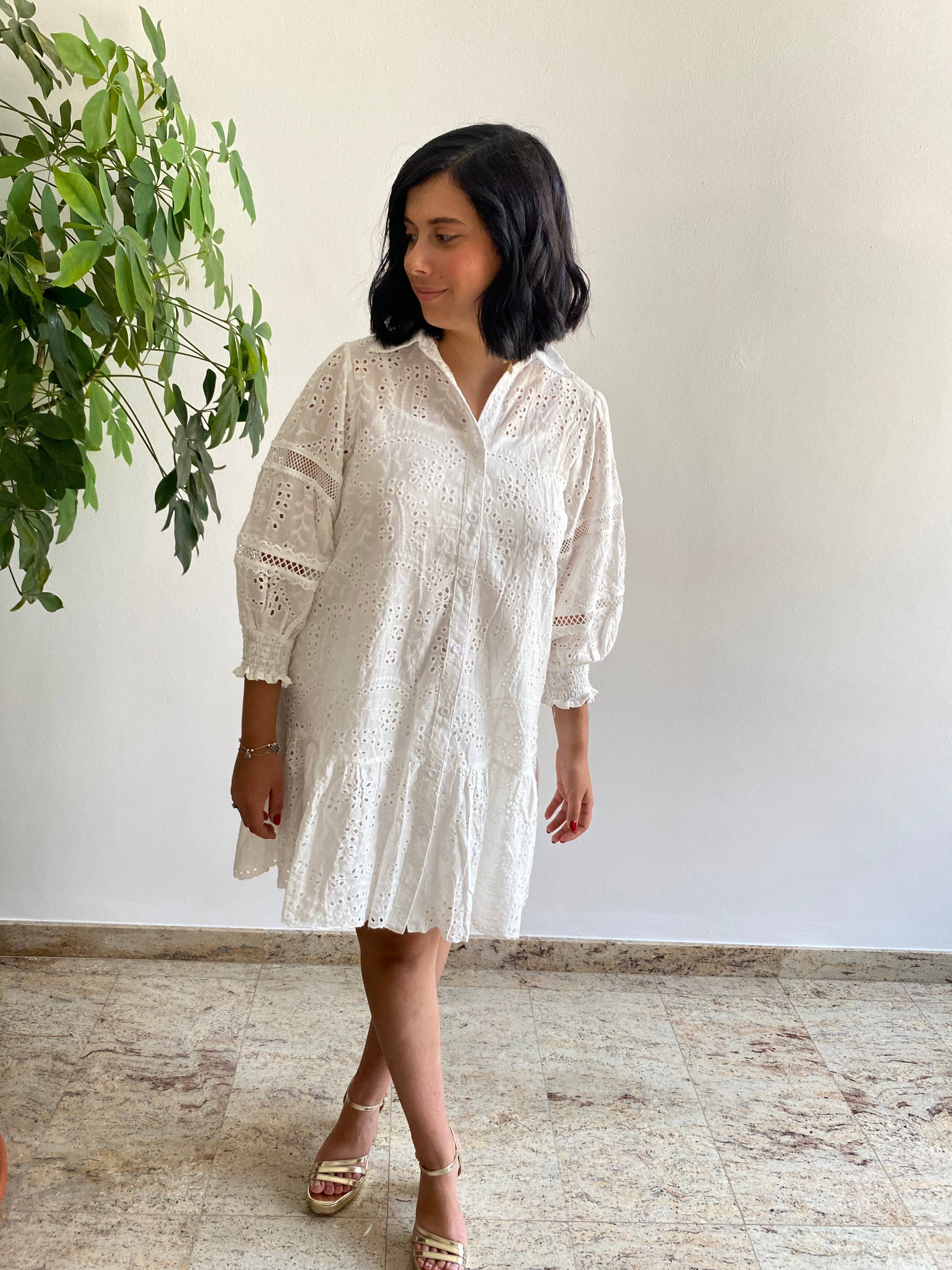 White mini openwork shirt dress