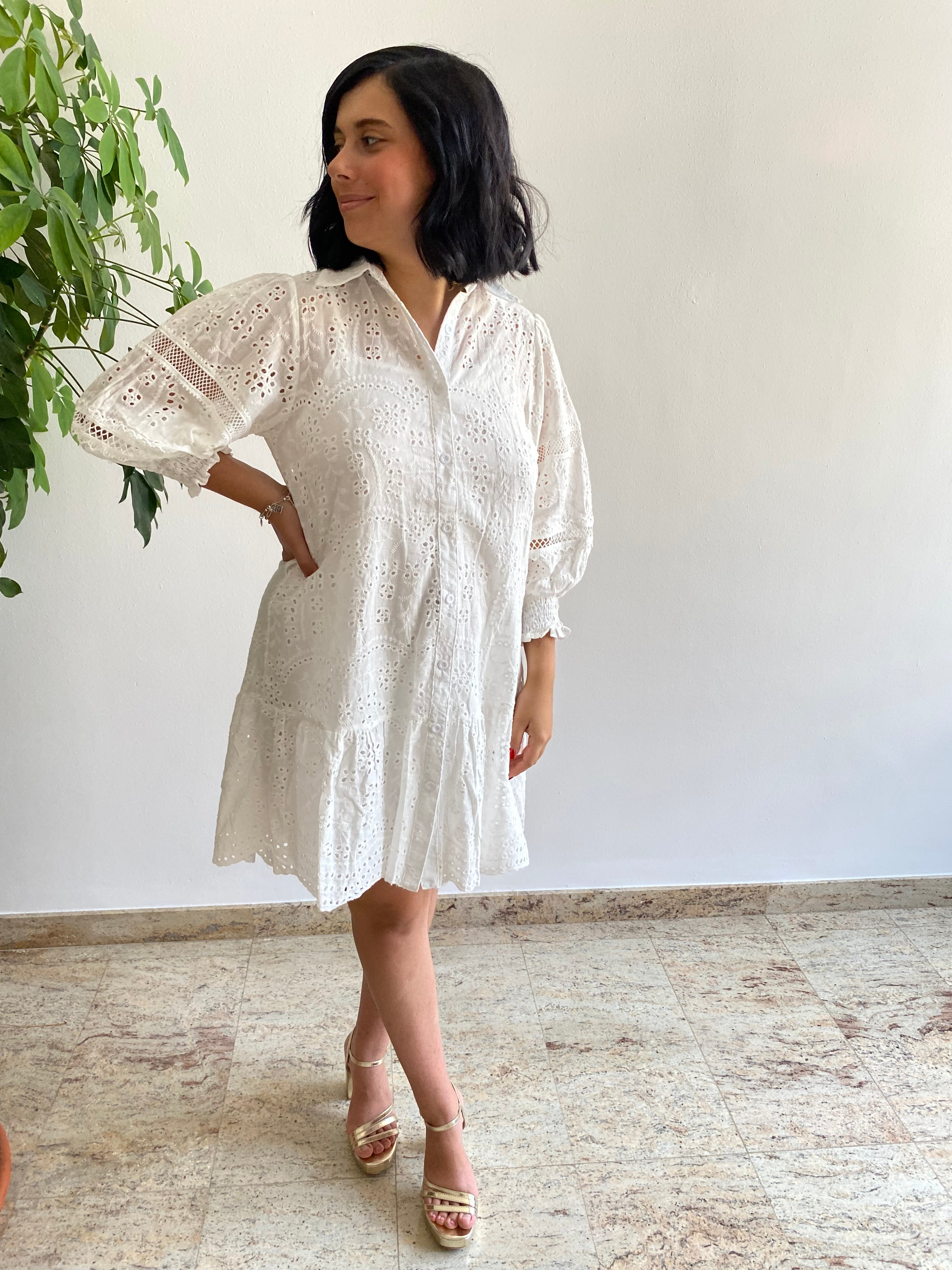 White mini openwork shirt dress