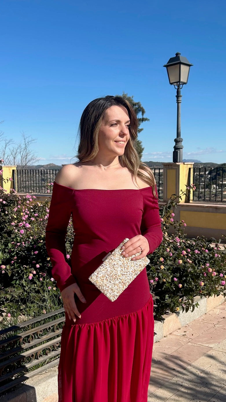 Vestido manga bajo gasa burdeos