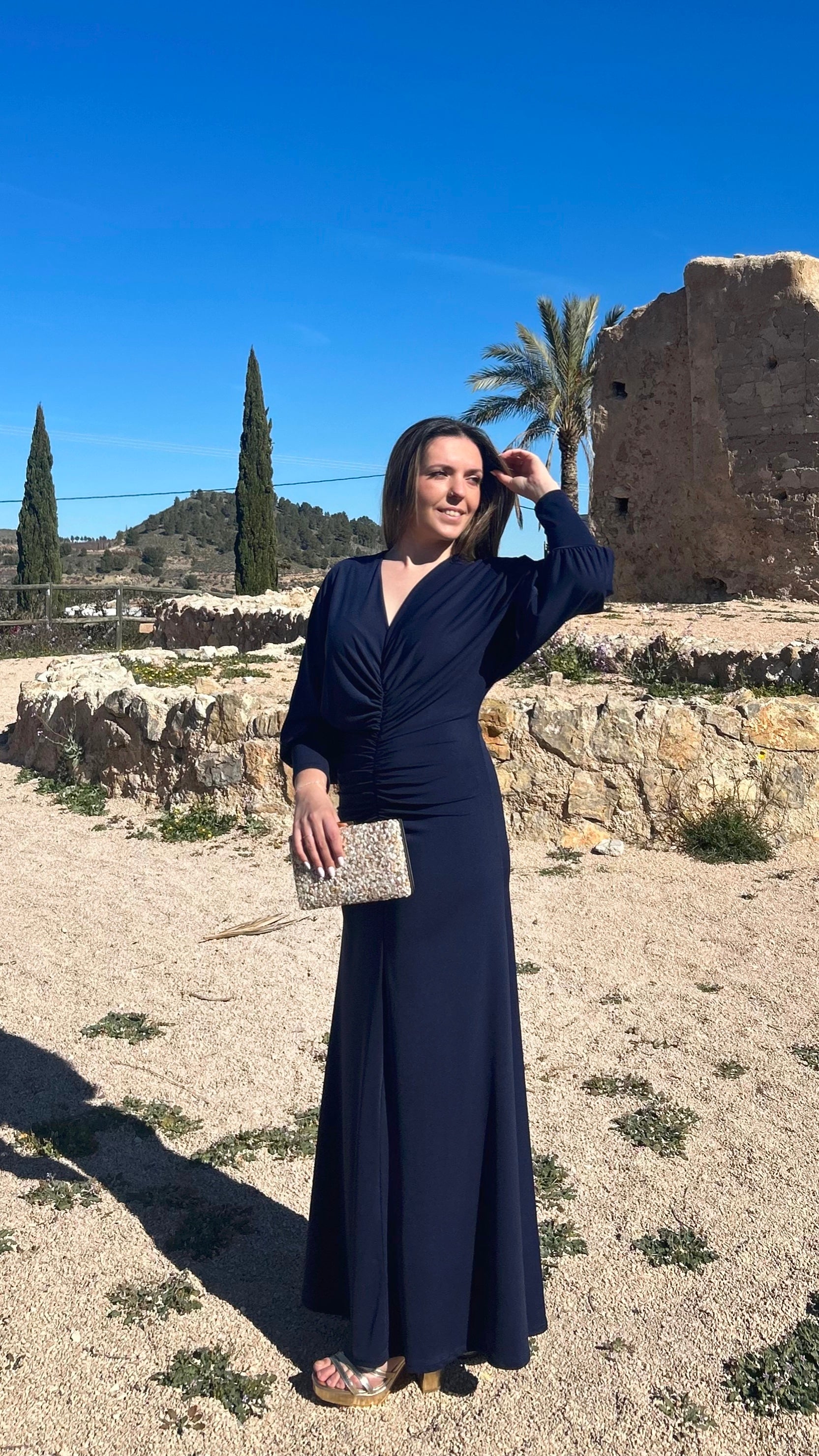 Vestido manga escote fruncido azul marino