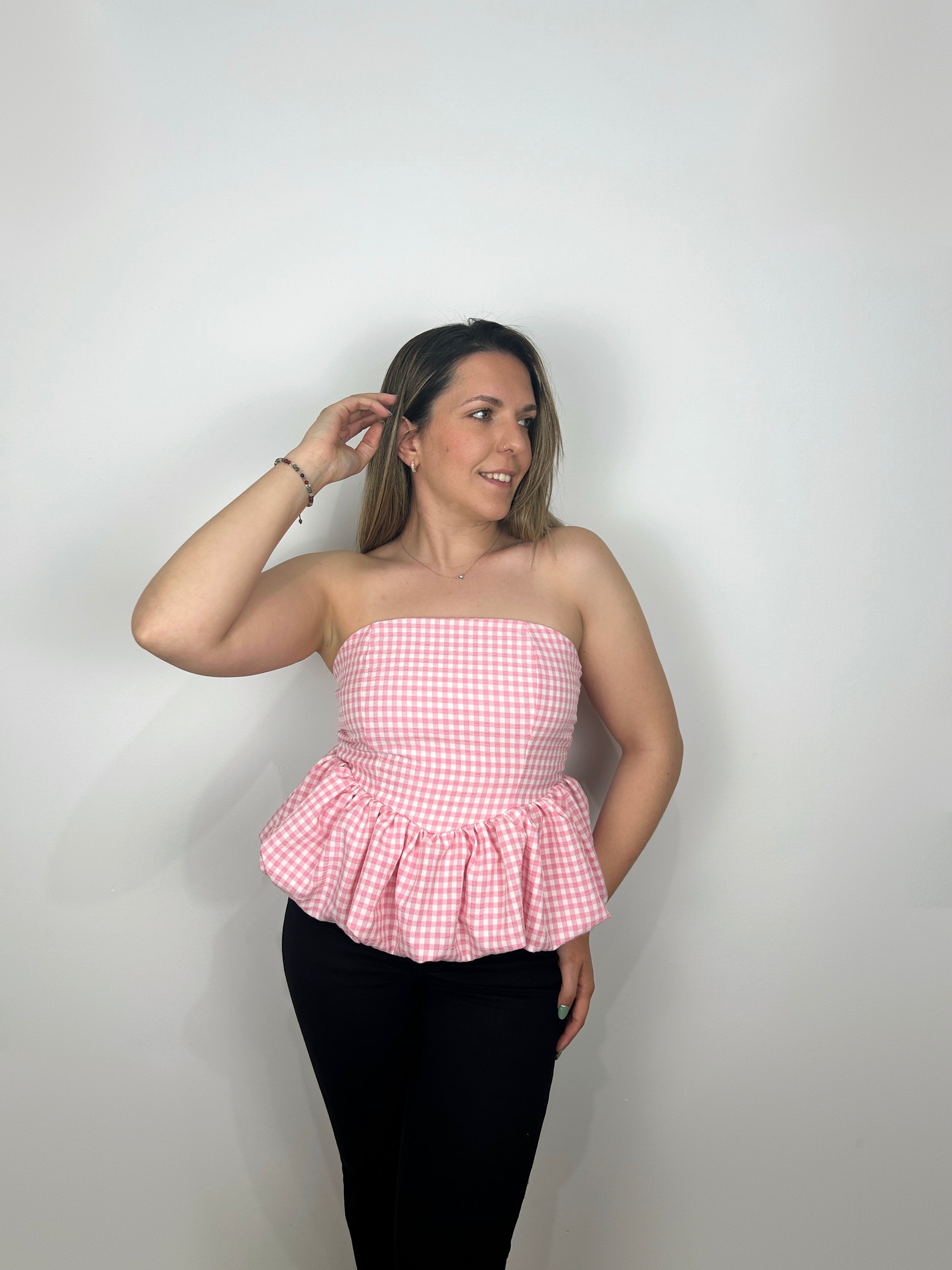 TOP ROSA VICHY CON SCRITTA