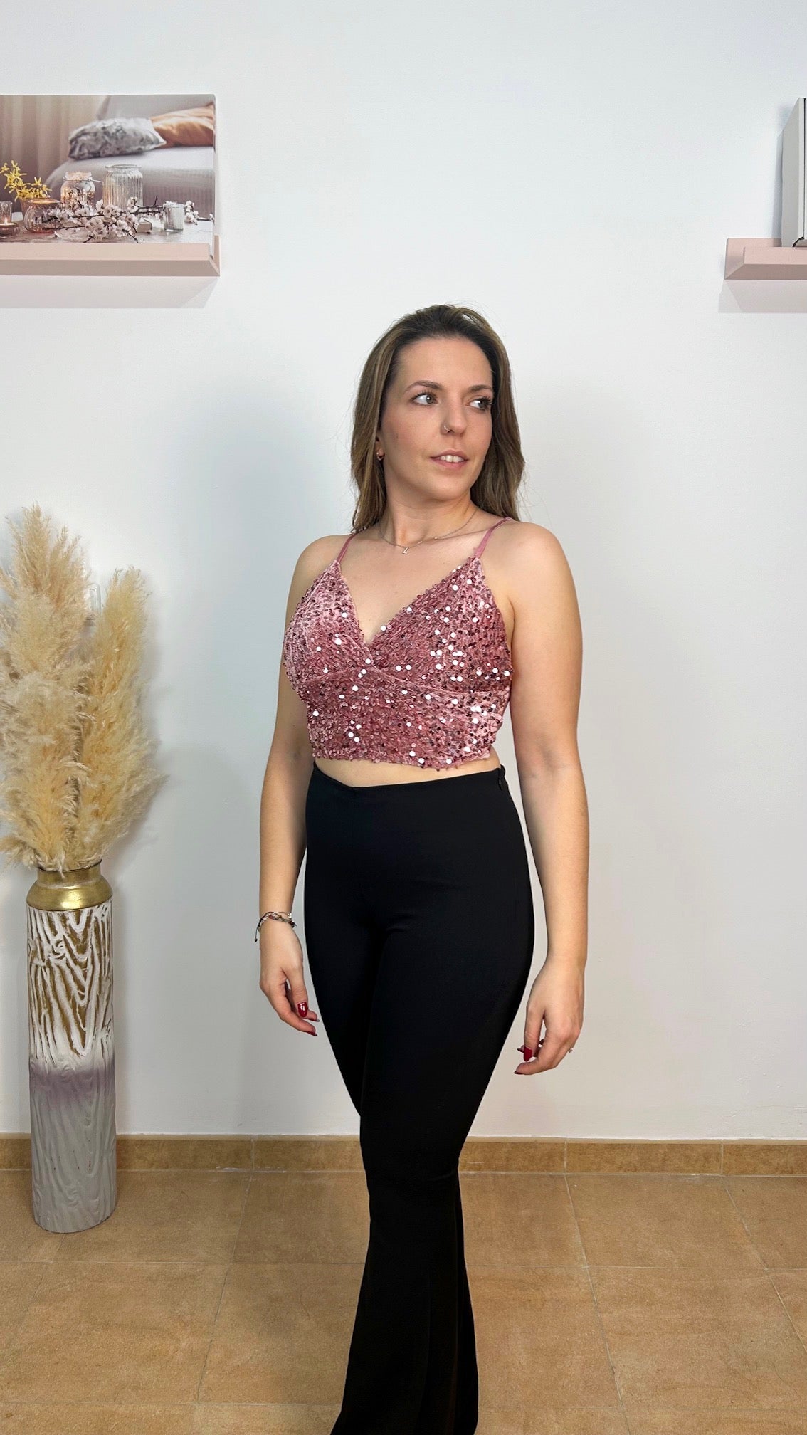 Top in velluto rosa glitterato