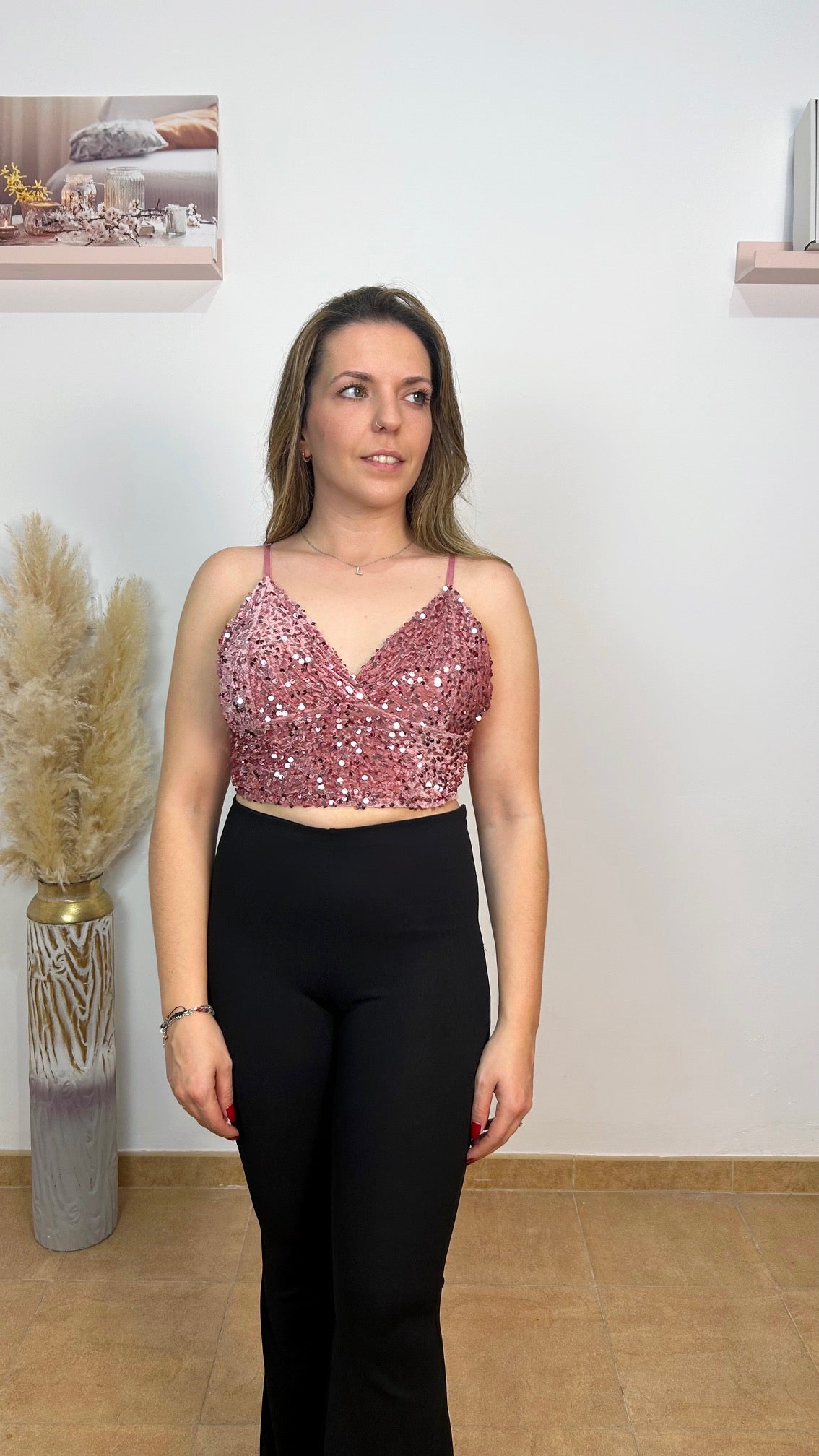 Top in velluto rosa glitterato