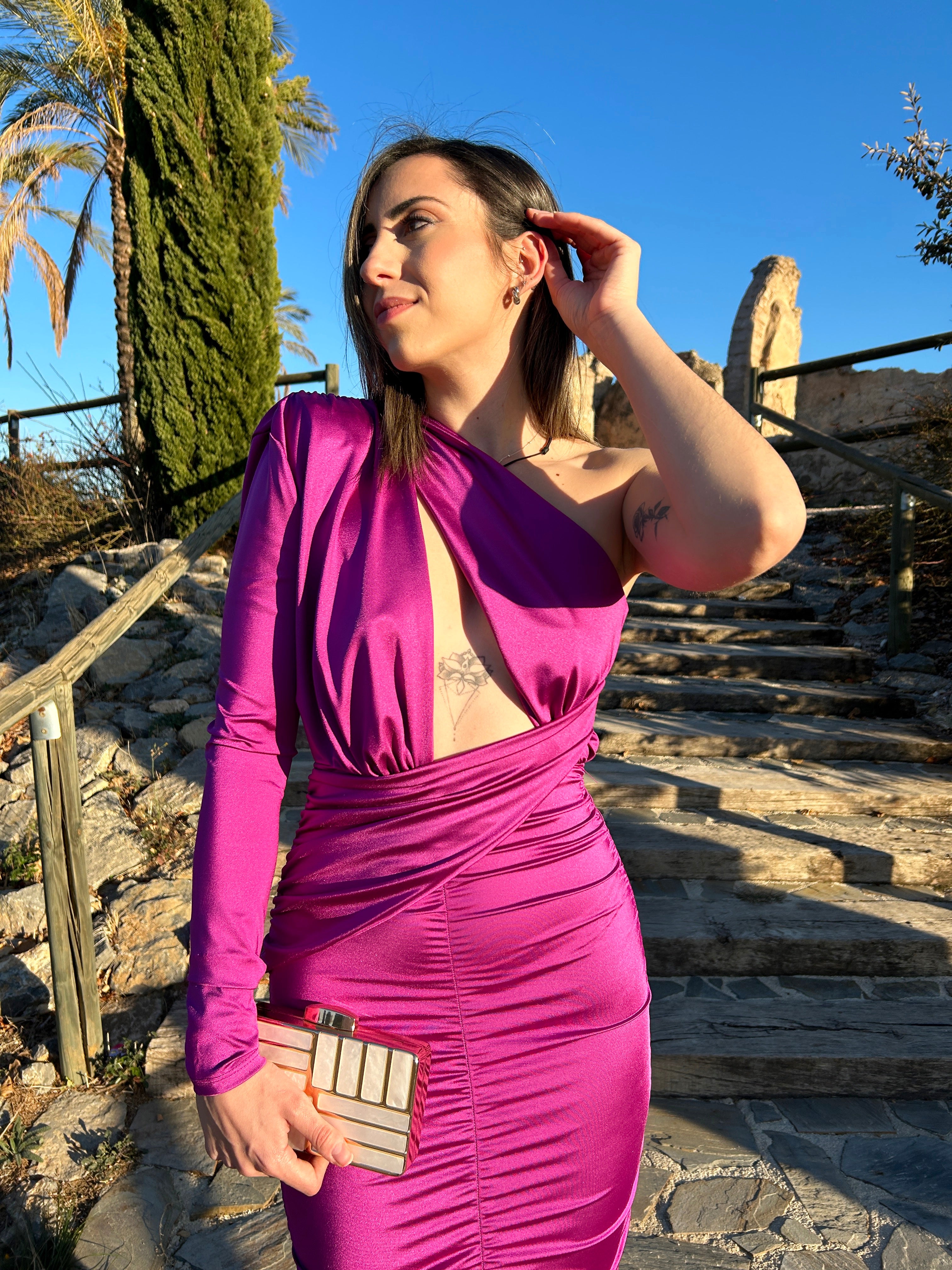 Asymmetric dress with flounced hem in Amarena