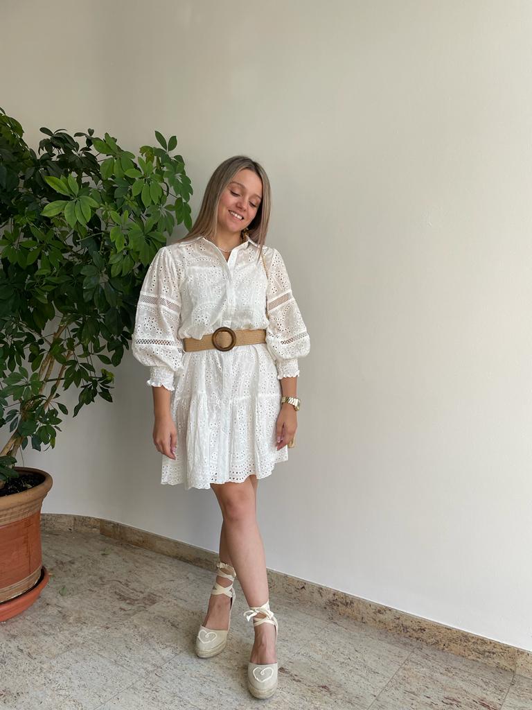 White mini openwork shirt dress