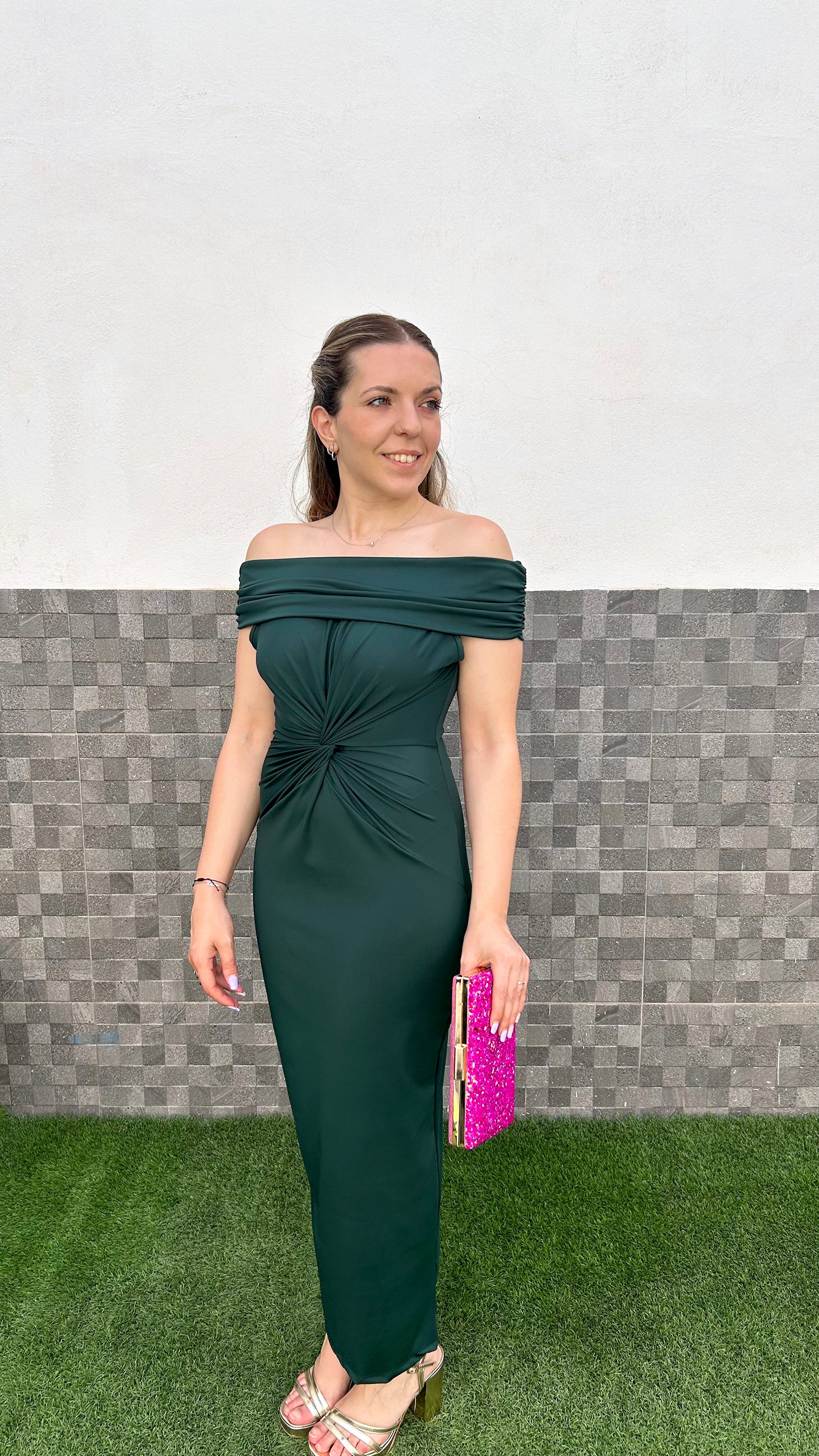 Vestido midi nudo bardot botella