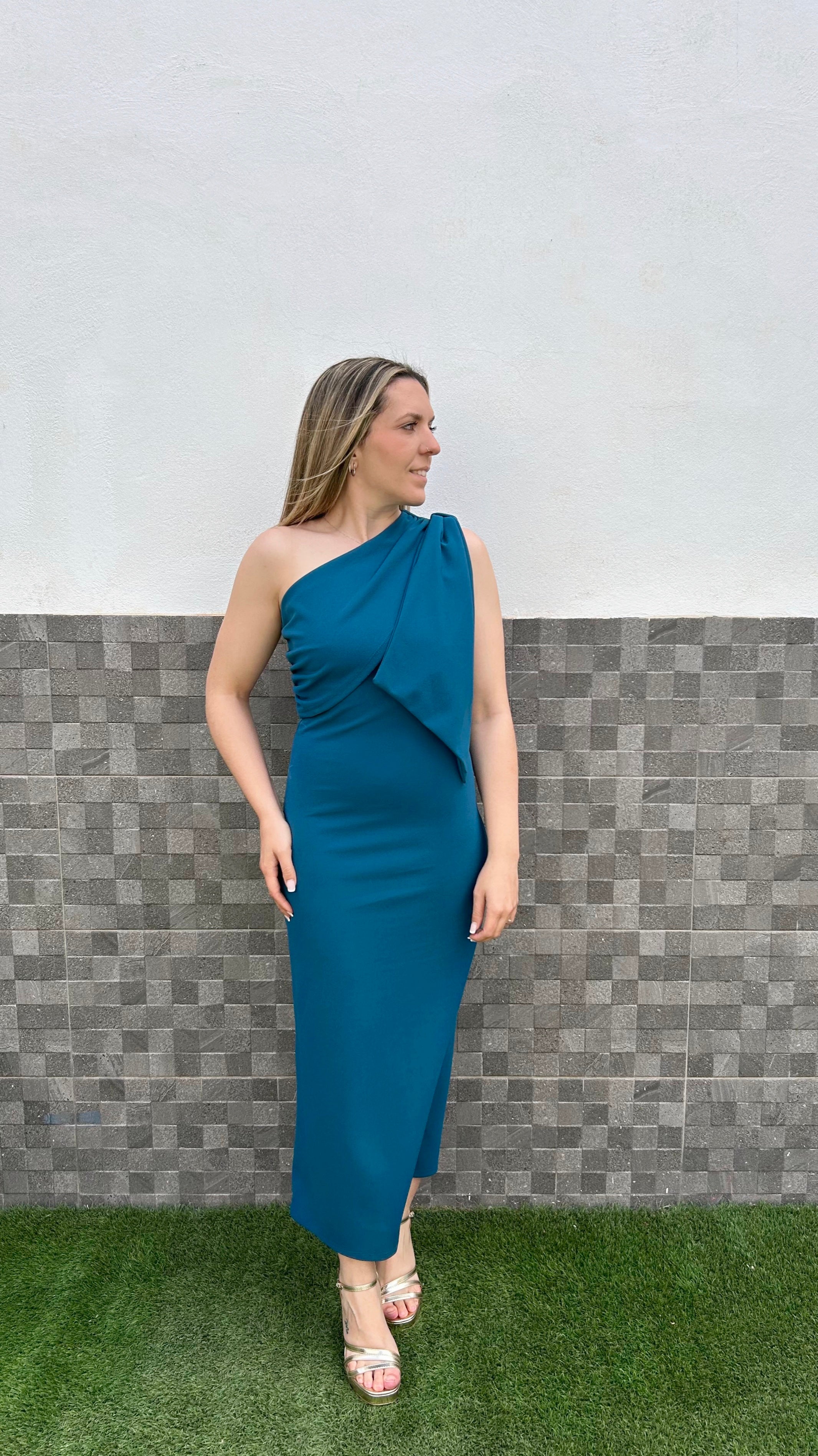 Vestido asimétrico lazo petróleo