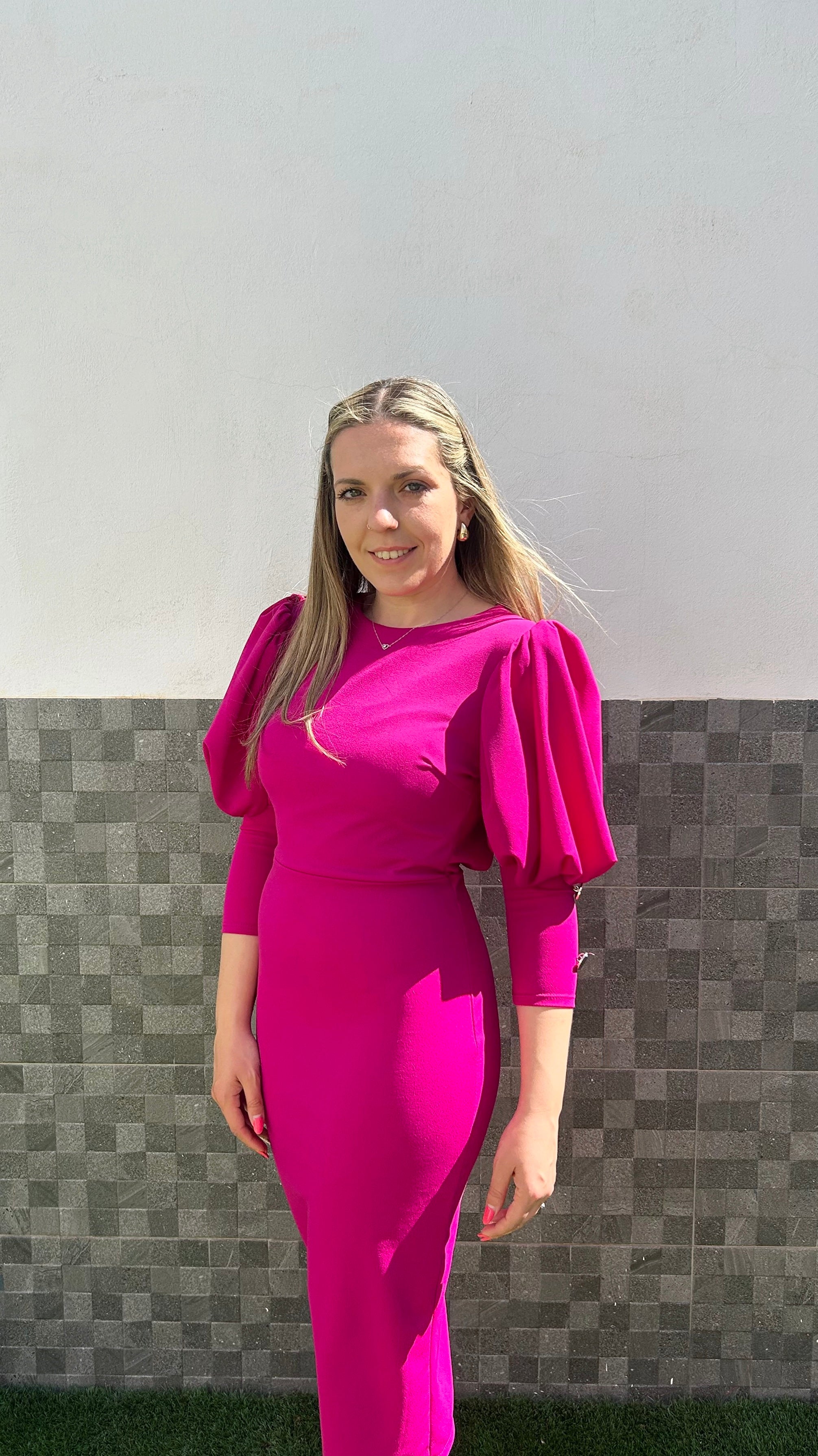 Vestido midi manga farol boton amarena