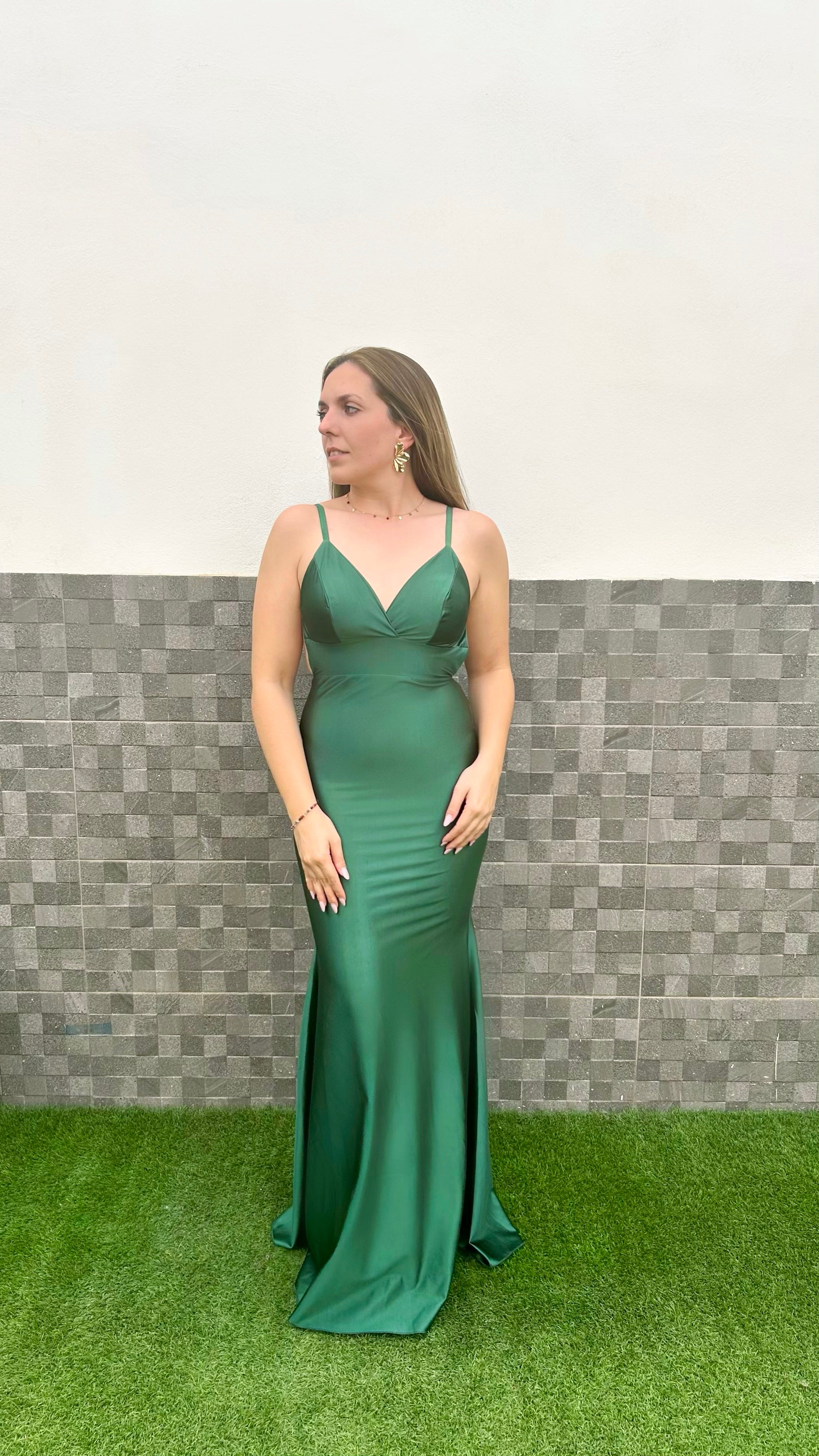 Vestido satin espalda sirena botella