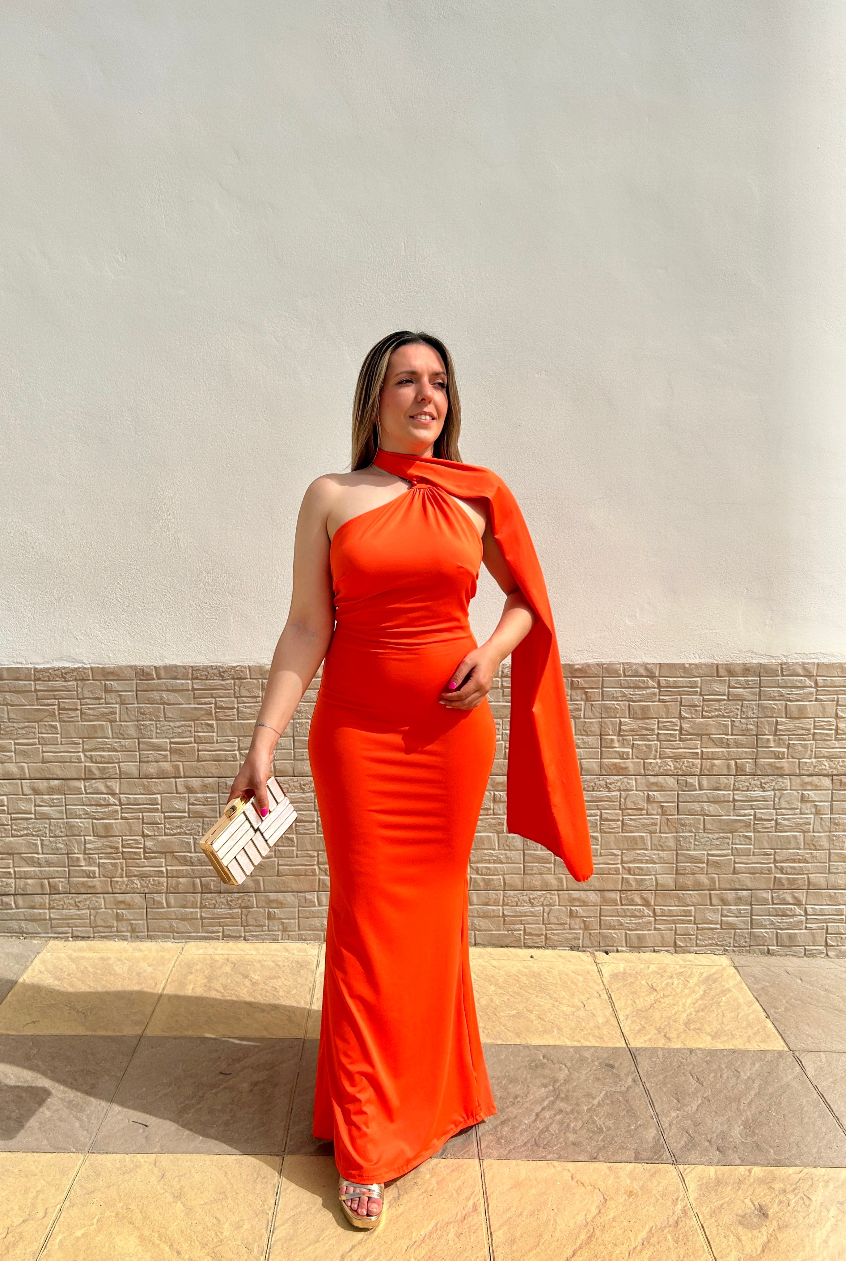 Abito girocollo in raso arancione