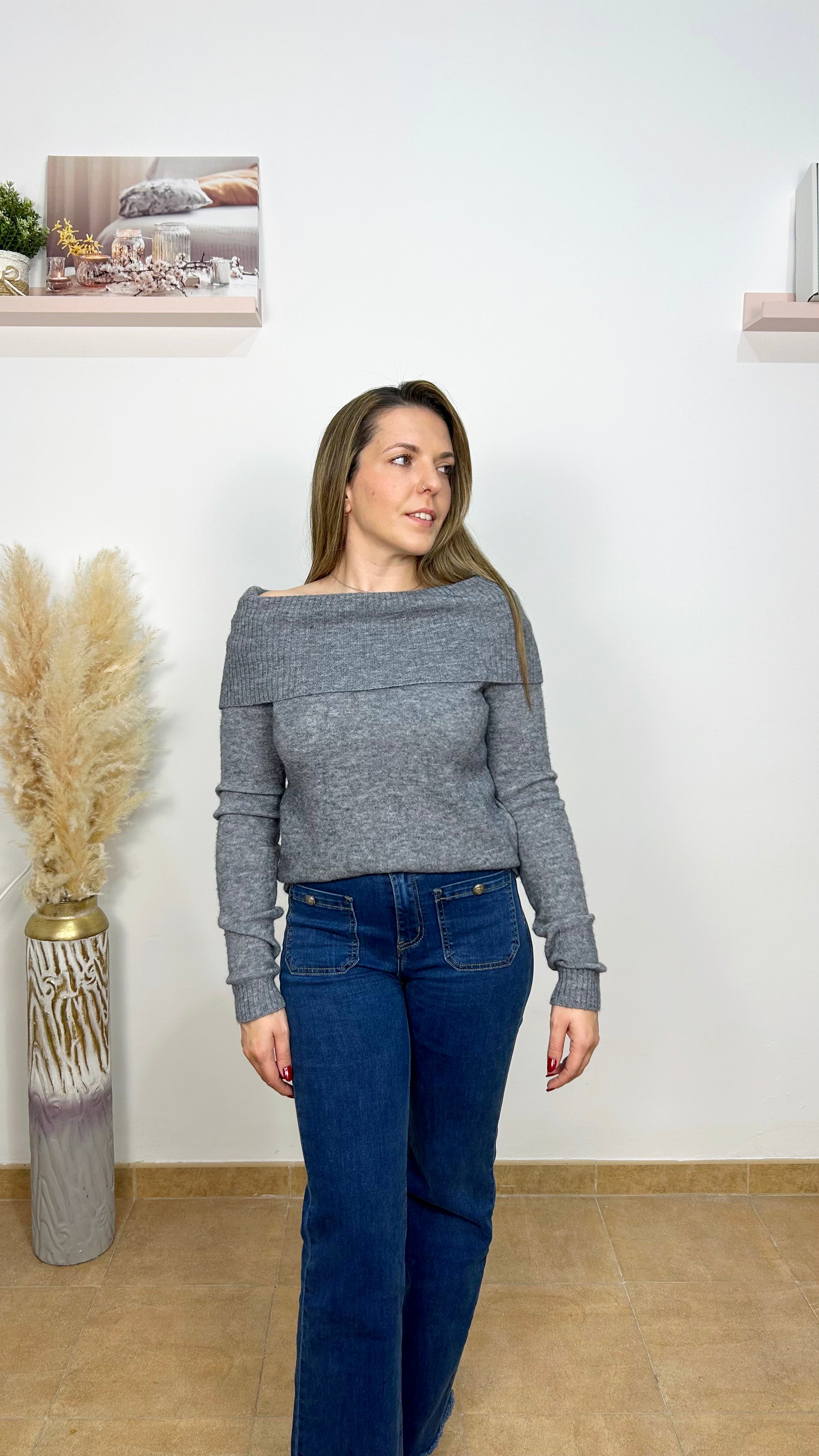 Jersey escote bardot gris