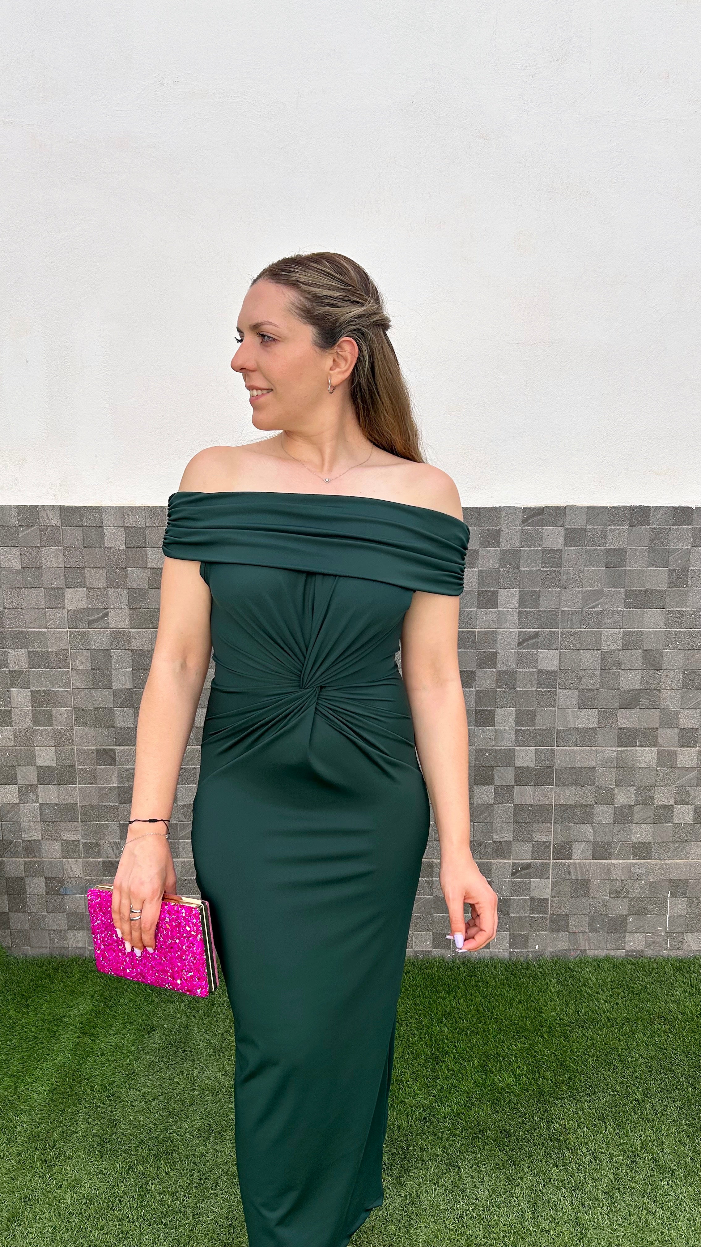 Vestido midi nudo bardot botella