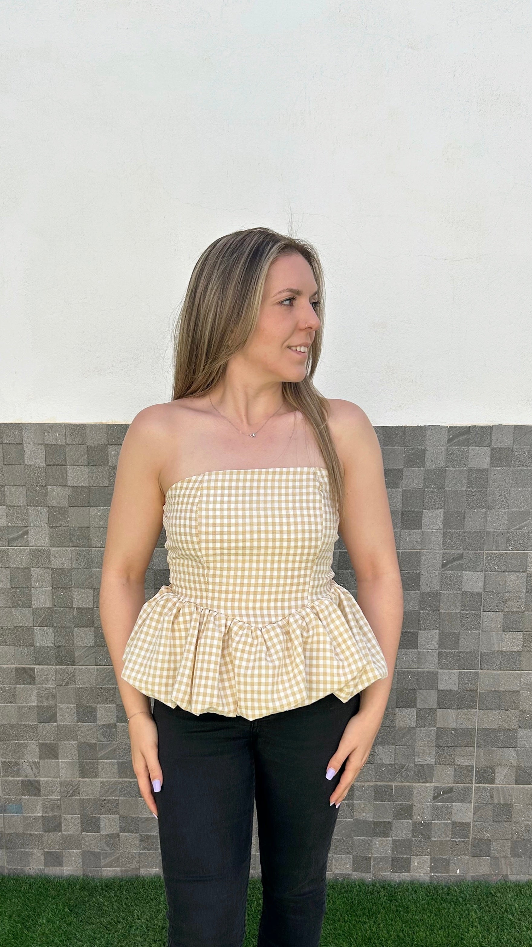 TOP VICHY BEIGE CON PAROLA