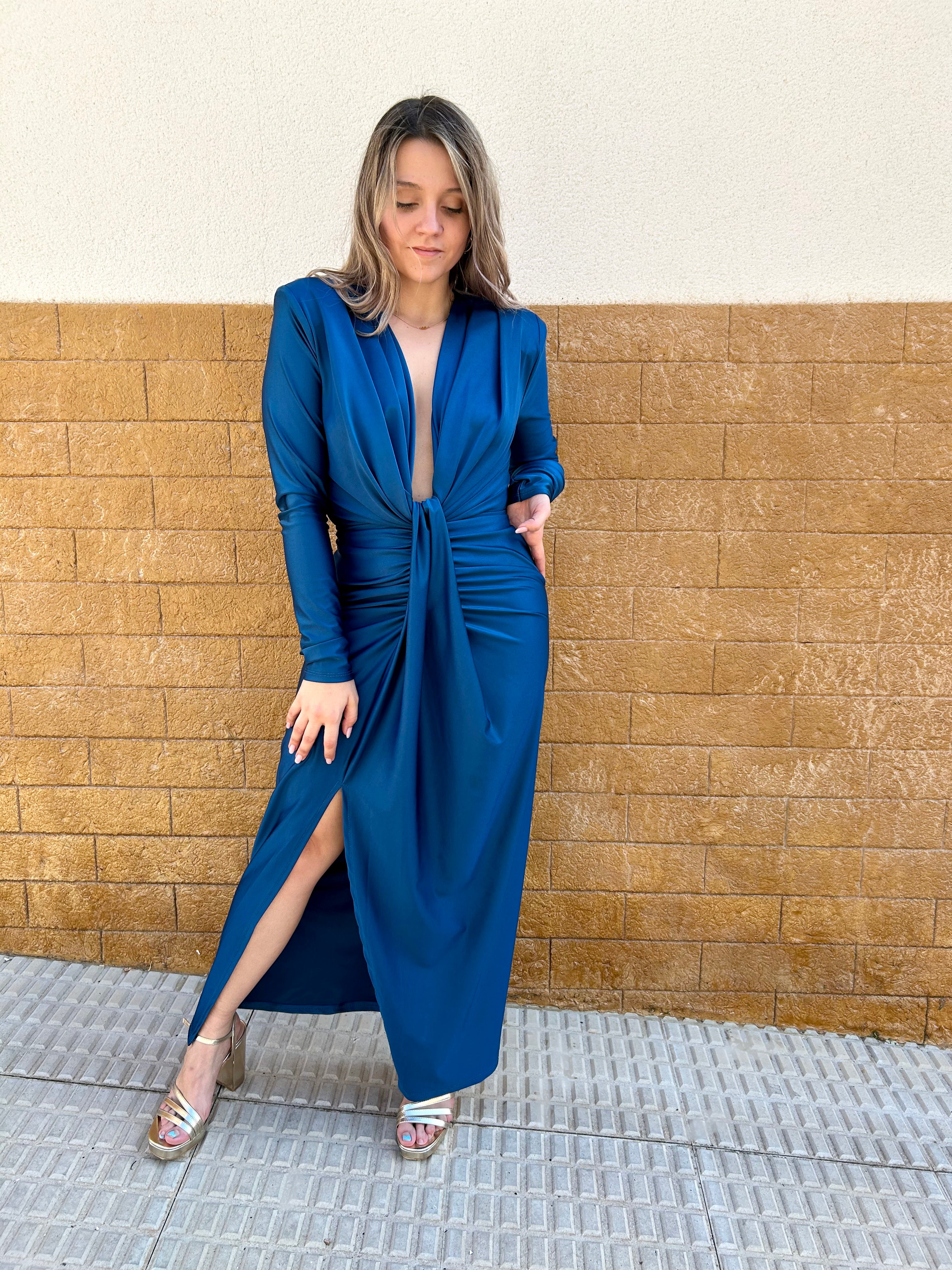 Abito petrolio con maniche e scollo profondo