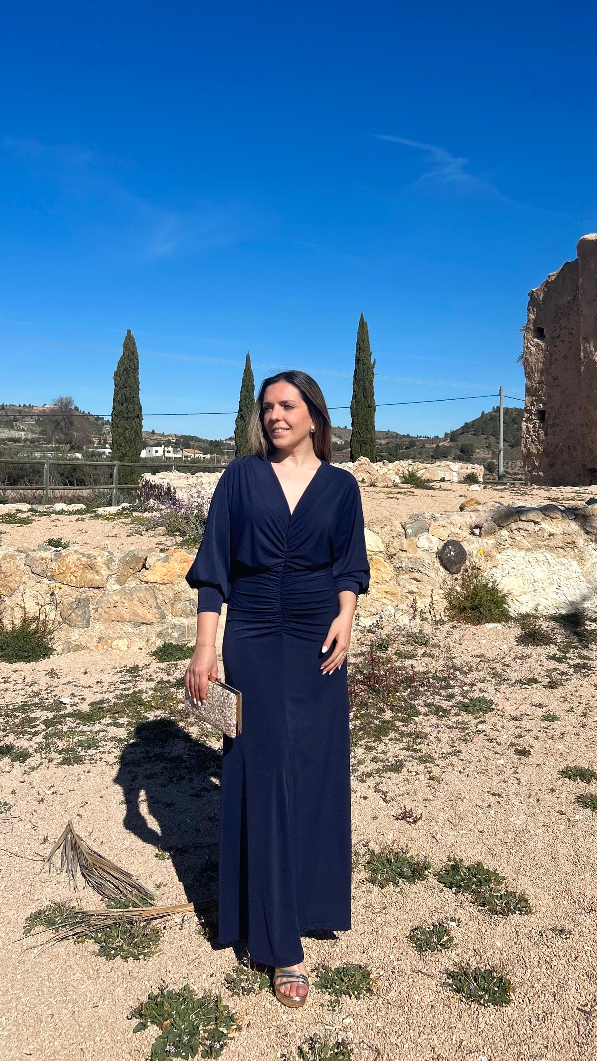 Vestido manga escote fruncido azul marino