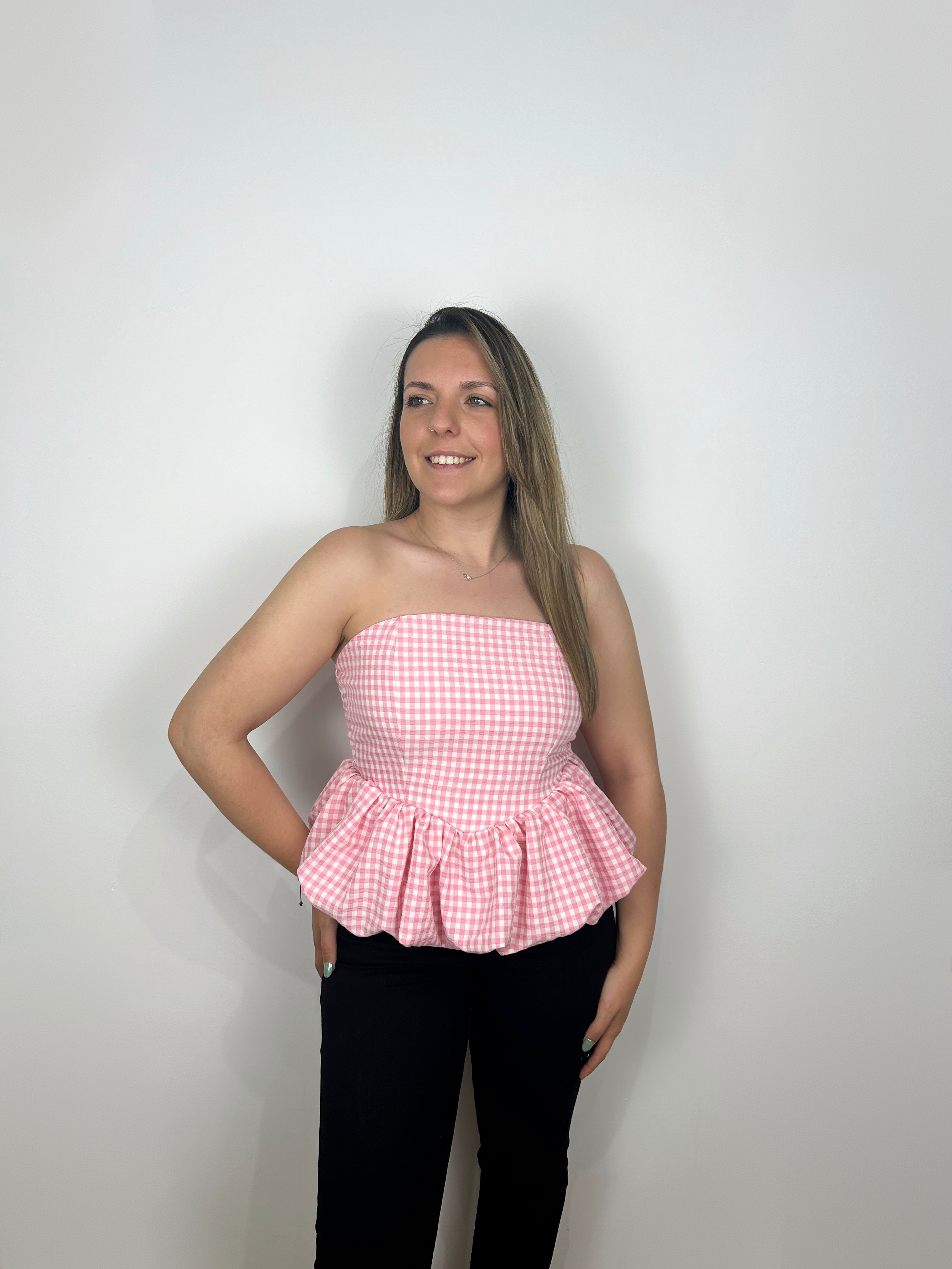 TOP ROSA VICHY CON SCRITTA