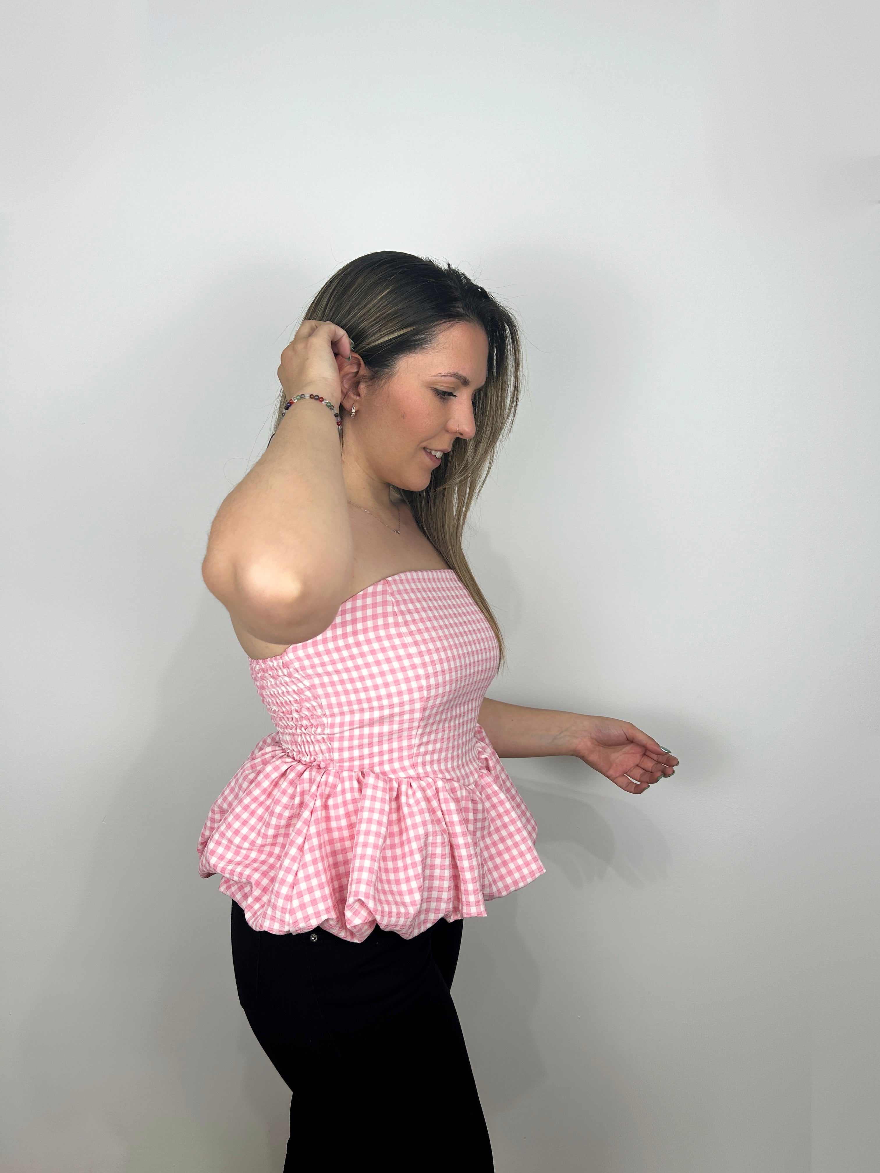 TOP ROSA VICHY CON SCRITTA