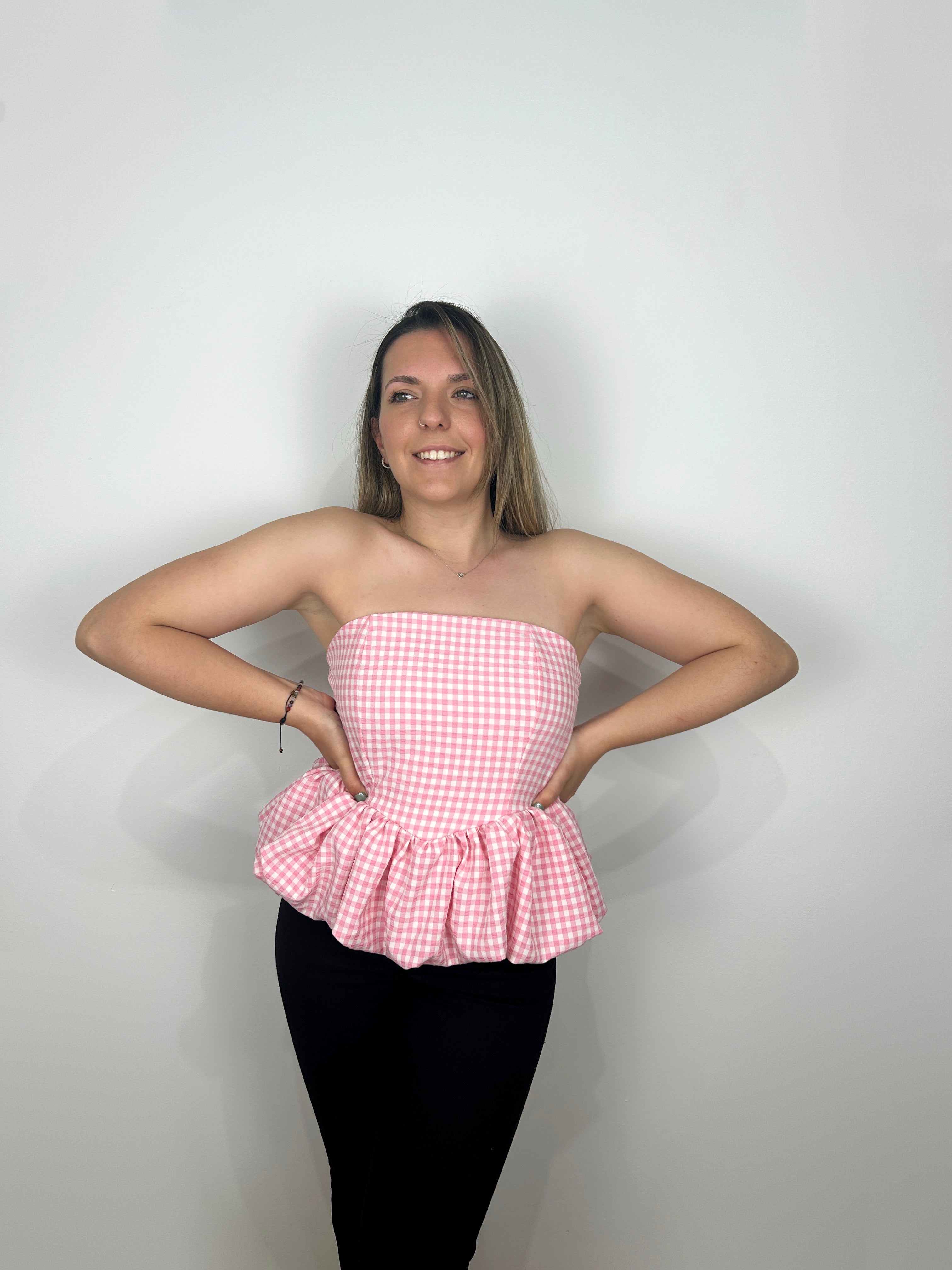 TOP ROSA VICHY CON SCRITTA