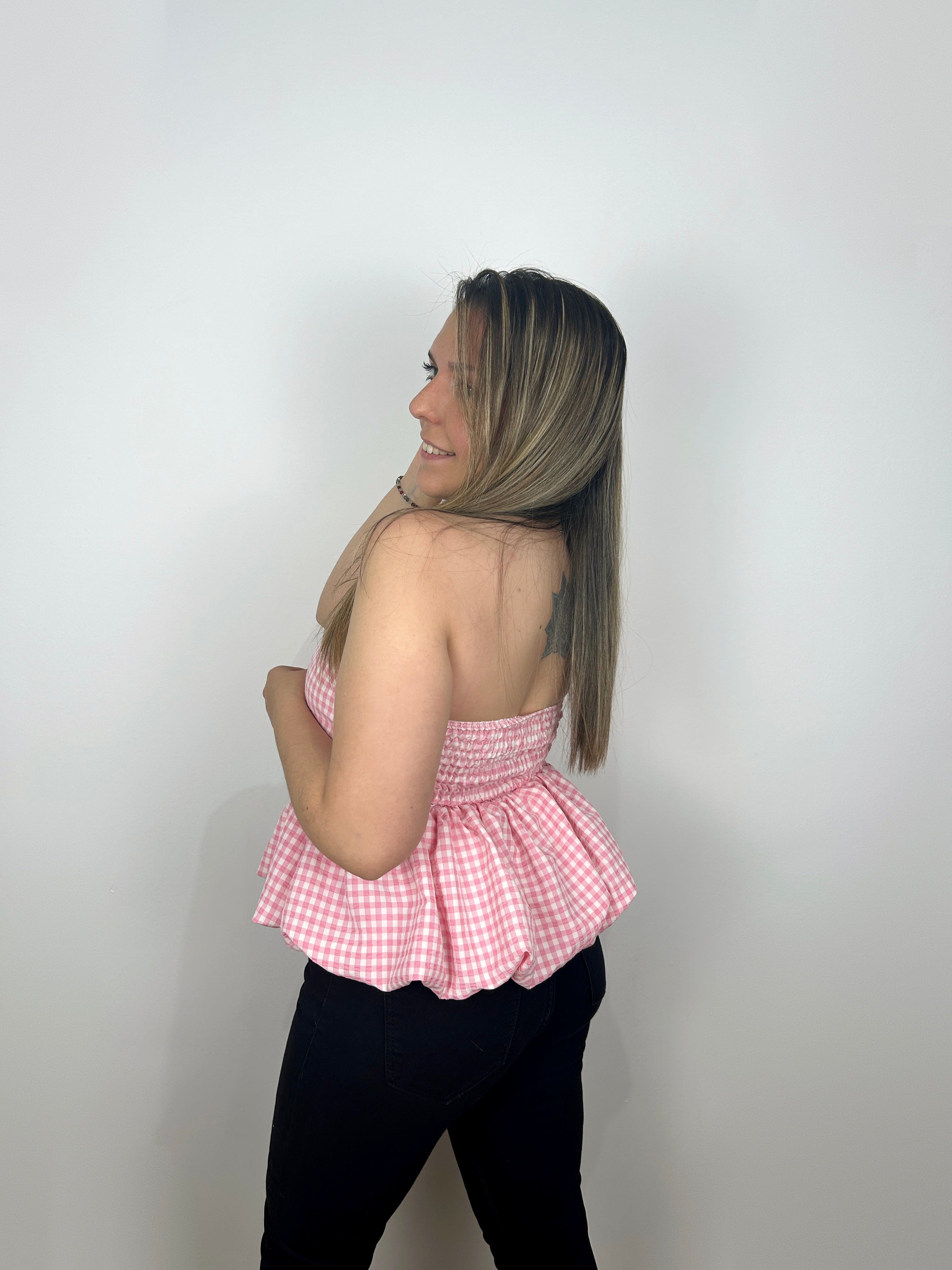 TOP ROSA VICHY CON SCRITTA