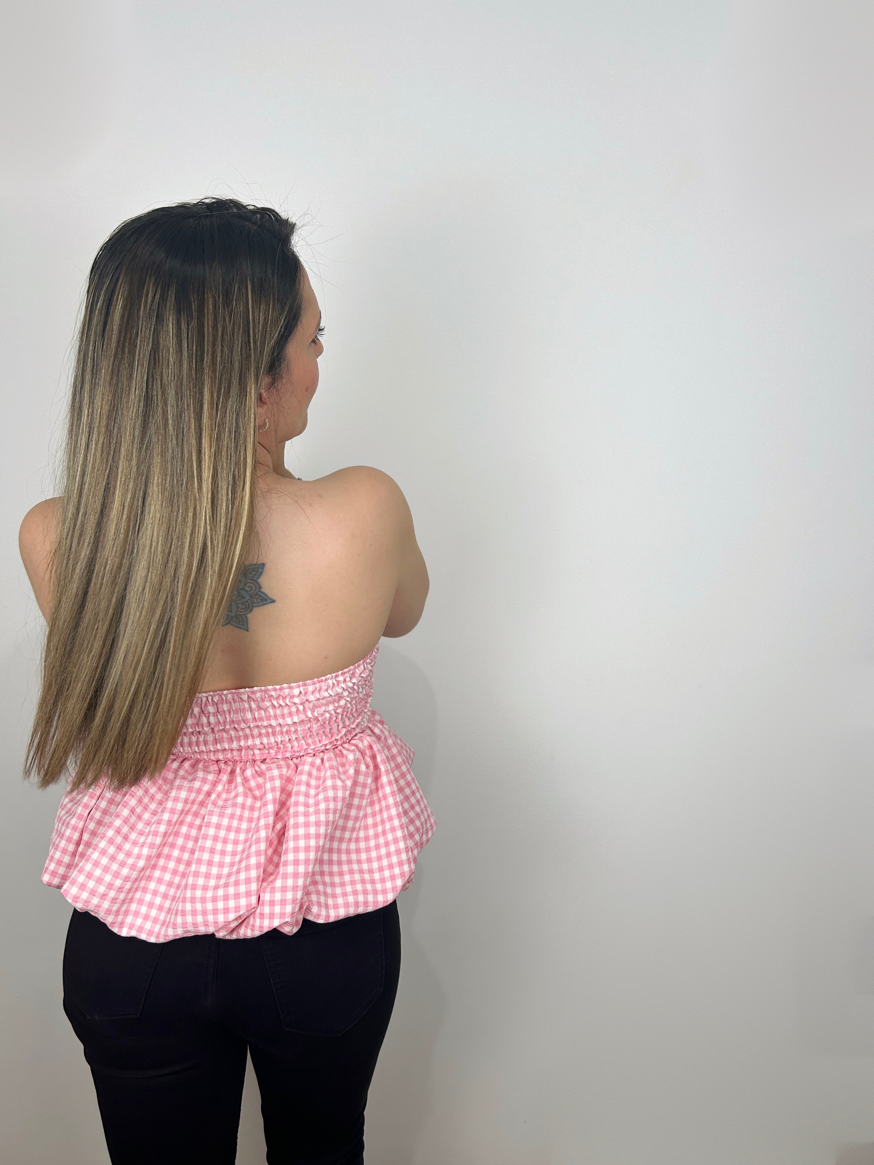 TOP ROSA VICHY CON SCRITTA