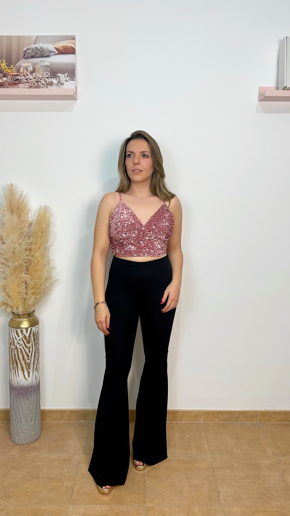 Top in velluto rosa glitterato